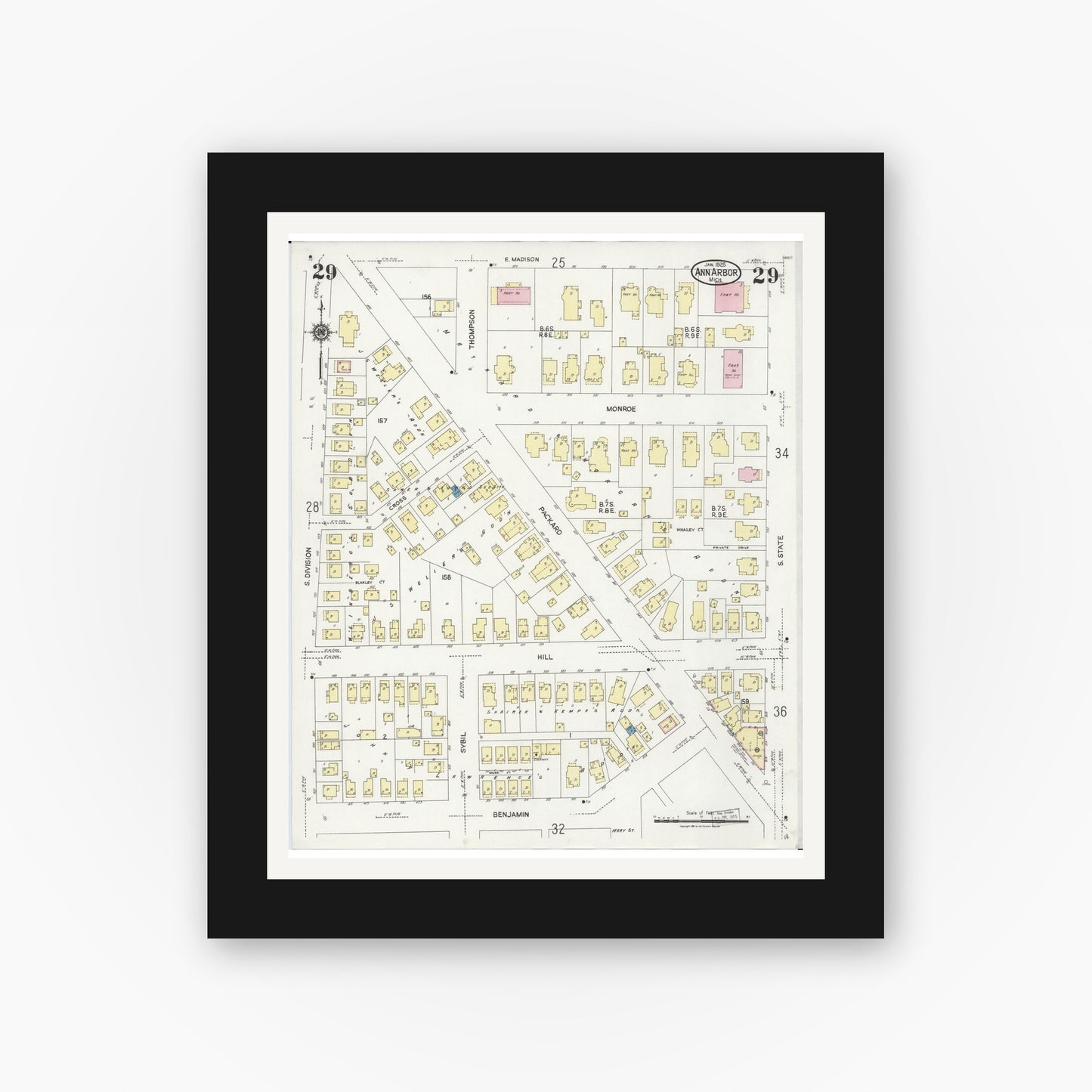 Old map wall art mockup — black gallery frame with white mat — Sanborn Fire Insurance Map from Ann Arbor, Washtenaw County, Michigan (1925), Sheet #0029