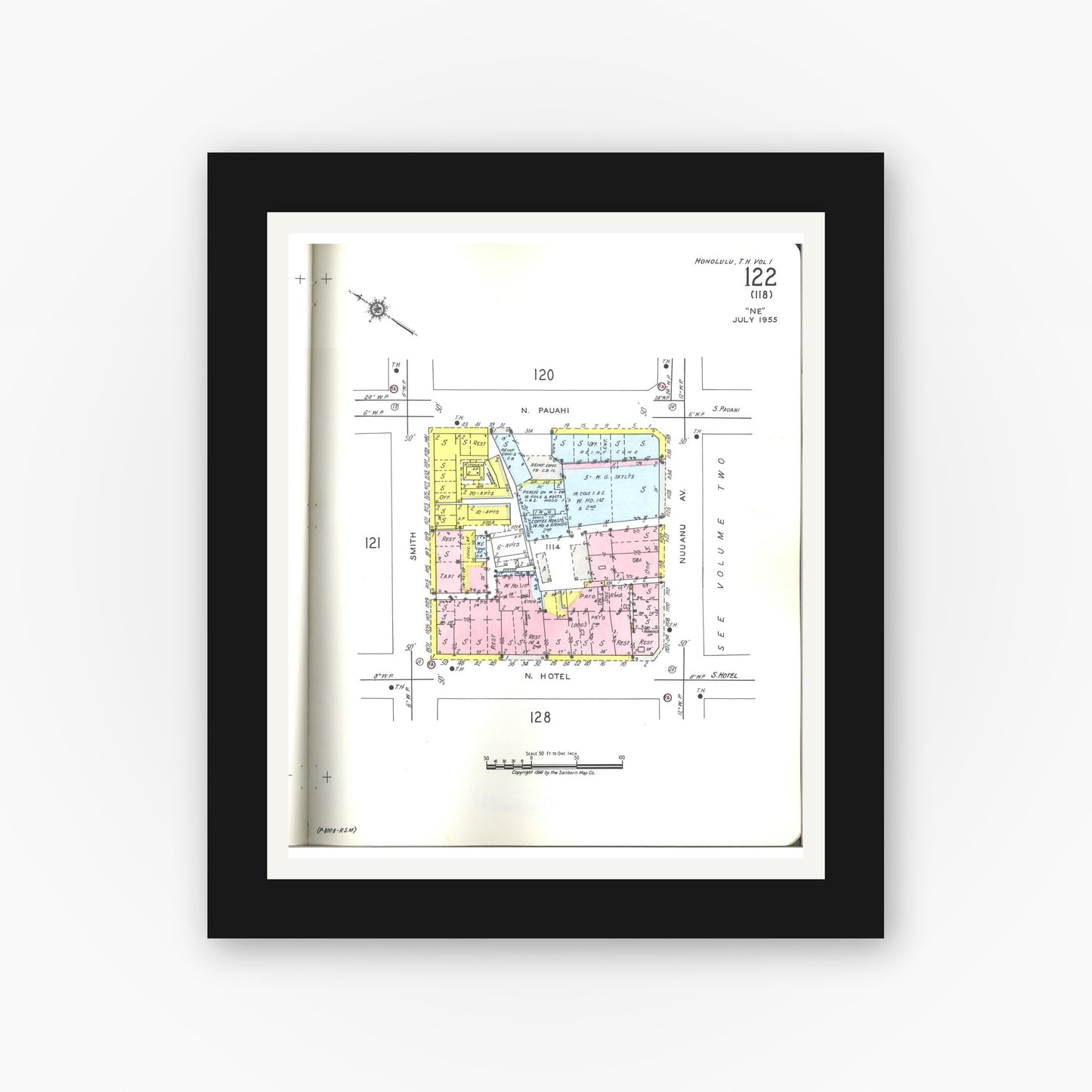 Old map wall art mockup — black gallery frame with white mat — Sanborn Fire Insurance Map from Honolulu, Oahu County, Hawaii (1955), Sheet #0122