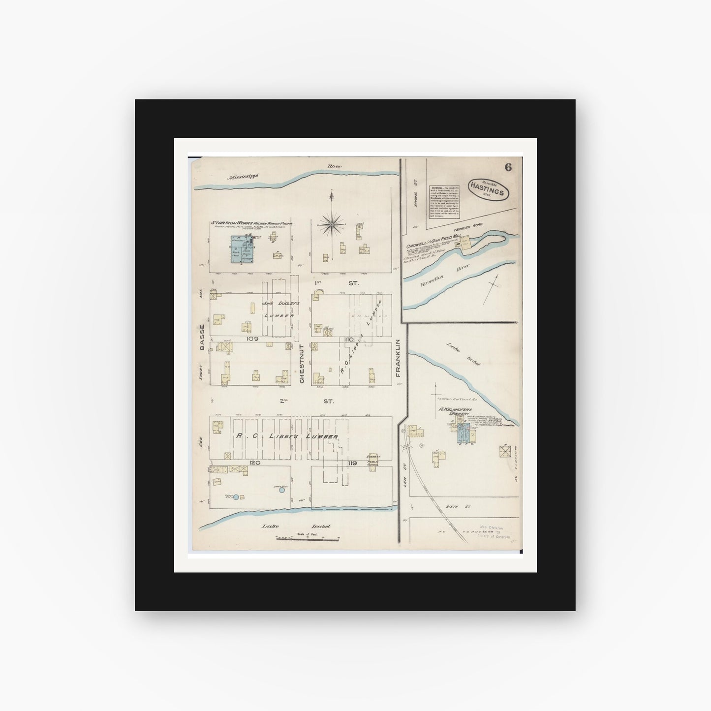 Old map wall art mockup — black gallery frame with white mat — Sanborn Fire Insurance Map from Hastings, Dakota County, Minnesota (1884), Sheet #0006