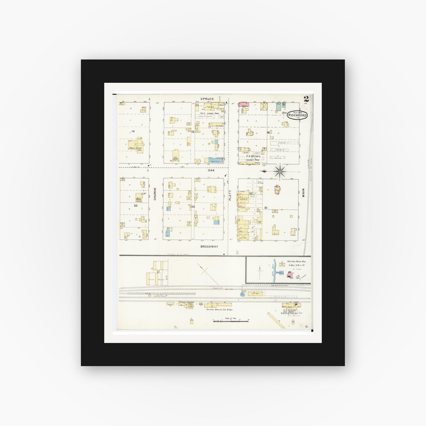 Old map wall art mockup — black gallery frame with white mat — Sanborn Fire Insurance Map from Rockford, Floyd County, Iowa (1894), Sheet #0002