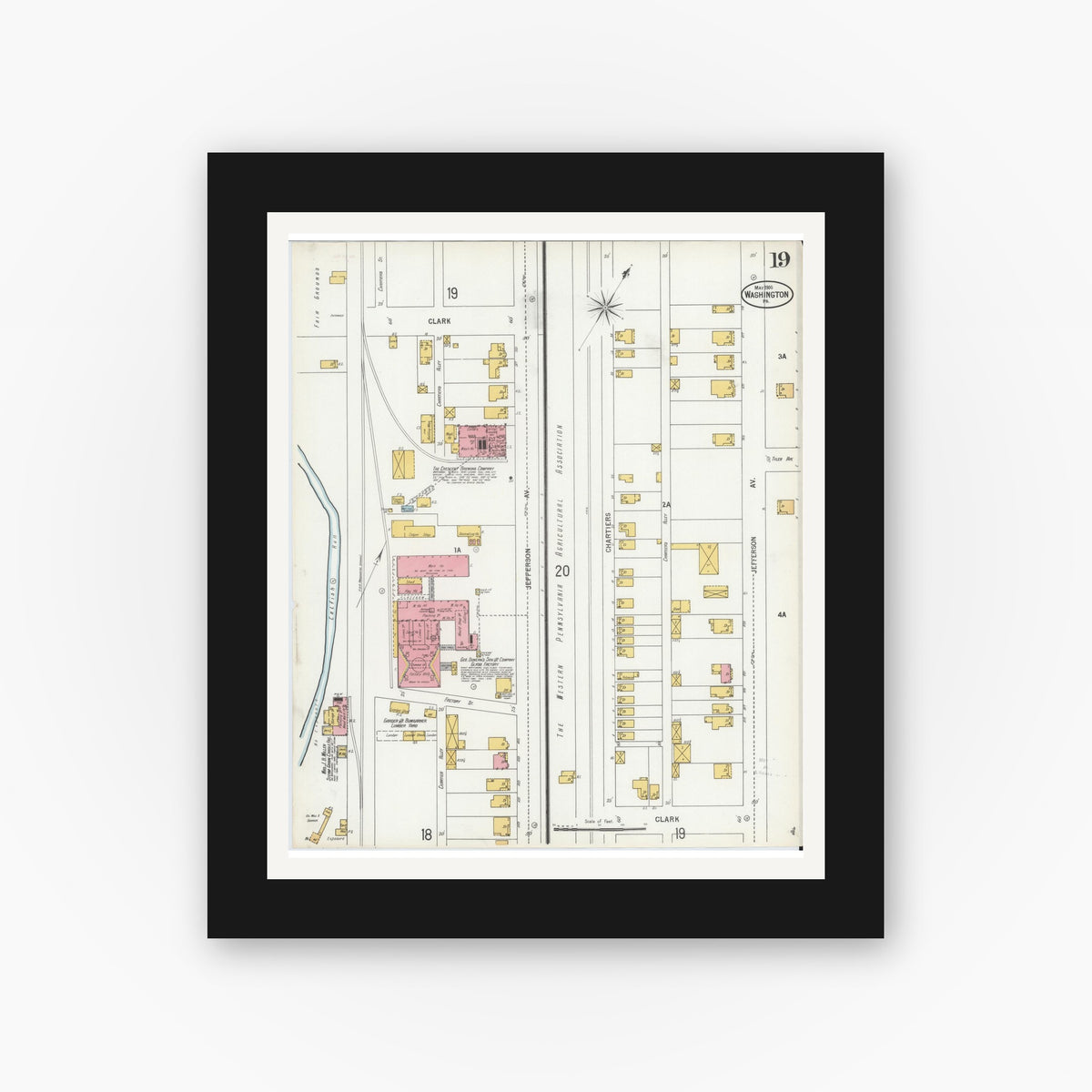 Old map wall art mockup — black gallery frame with white mat — Sanborn Fire Insurance Map from Washington, Washington County, Pennsylvania (1900), Sheet #0019