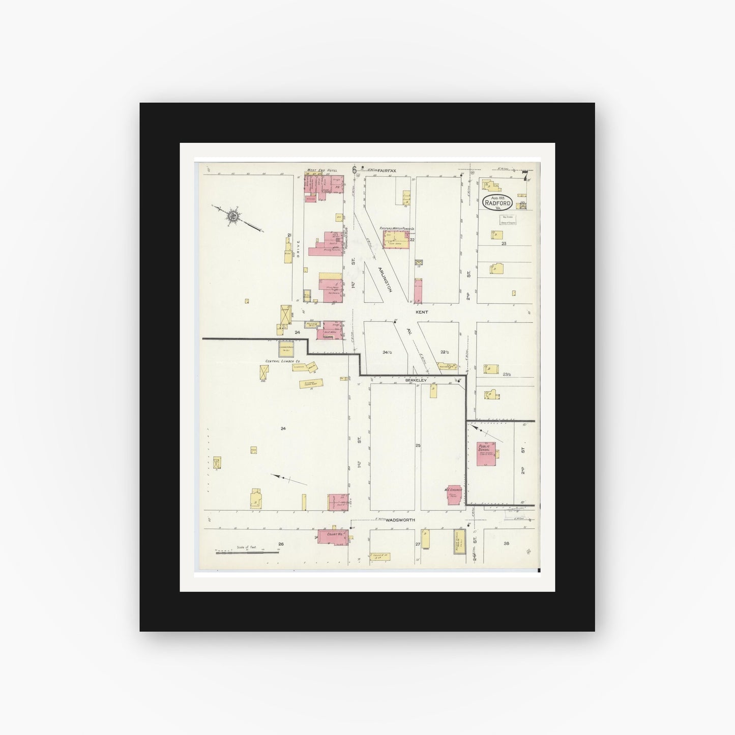 Old map wall art mockup — black gallery frame with white mat — Sanborn Fire Insurance Map from Radford, Independent Cities, Virginia (1913), Sheet #0007