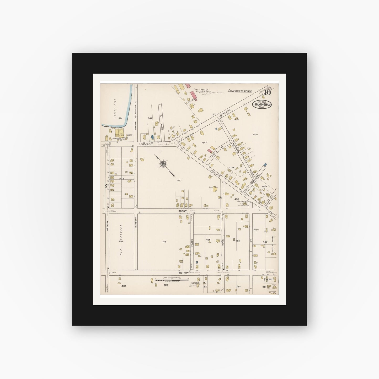 Old map wall art mockup — black gallery frame with white mat — Sanborn Fire Insurance Map from Framingham, Middlesex County, Massachusetts (1922), Sheet #0010