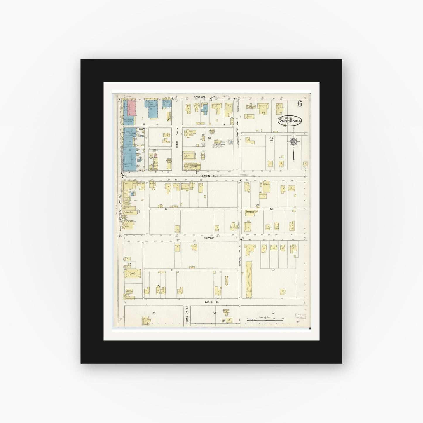 Old map wall art mockup — black gallery frame with white mat — Sanborn Fire Insurance Map from Tarpon Springs, Pinellas County, Florida (1913), Sheet #0006