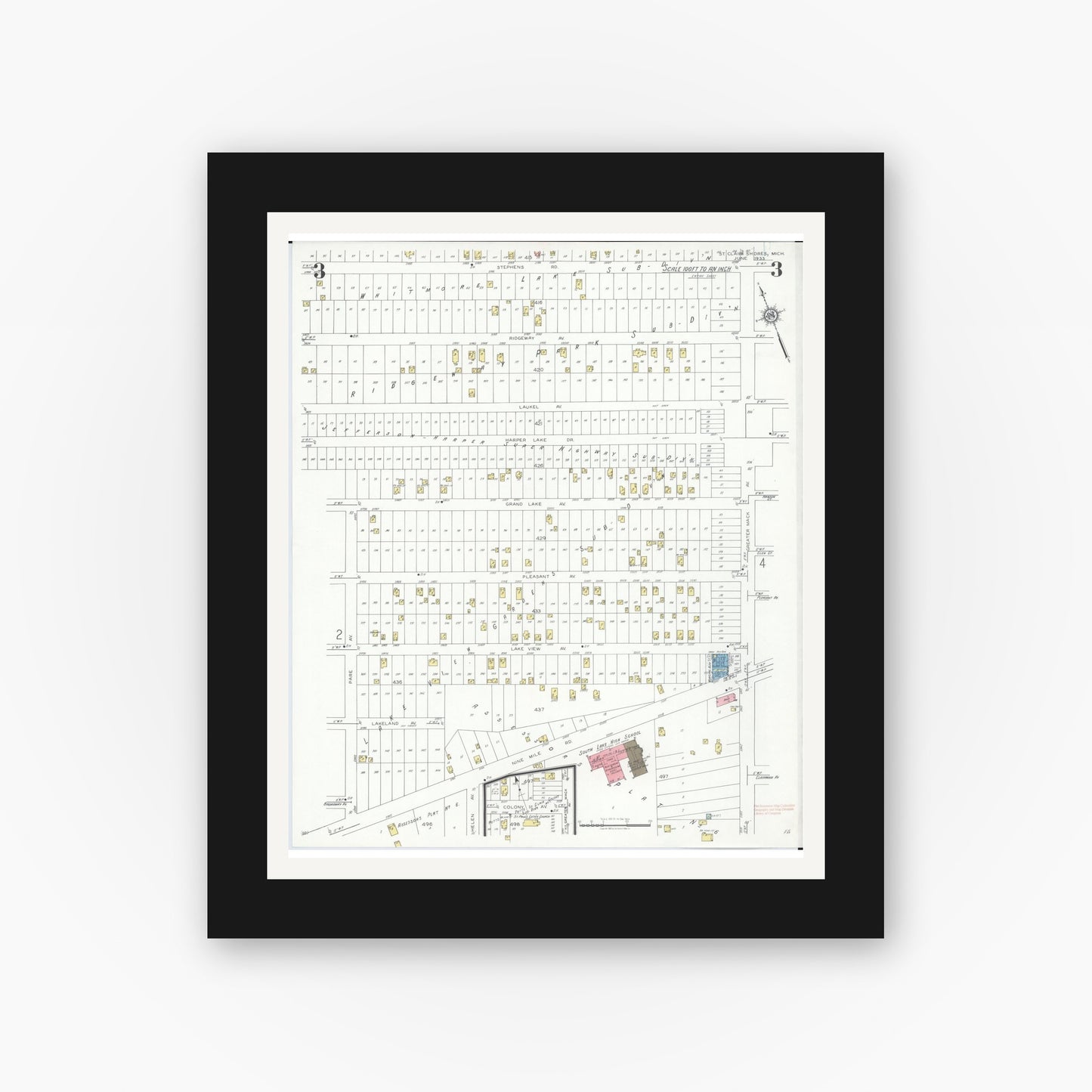 Old map wall art mockup — black gallery frame with white mat — Sanborn Fire Insurance Map from Saint Clair Shores, Macomb County, Michigan (1933), Sheet #0003
