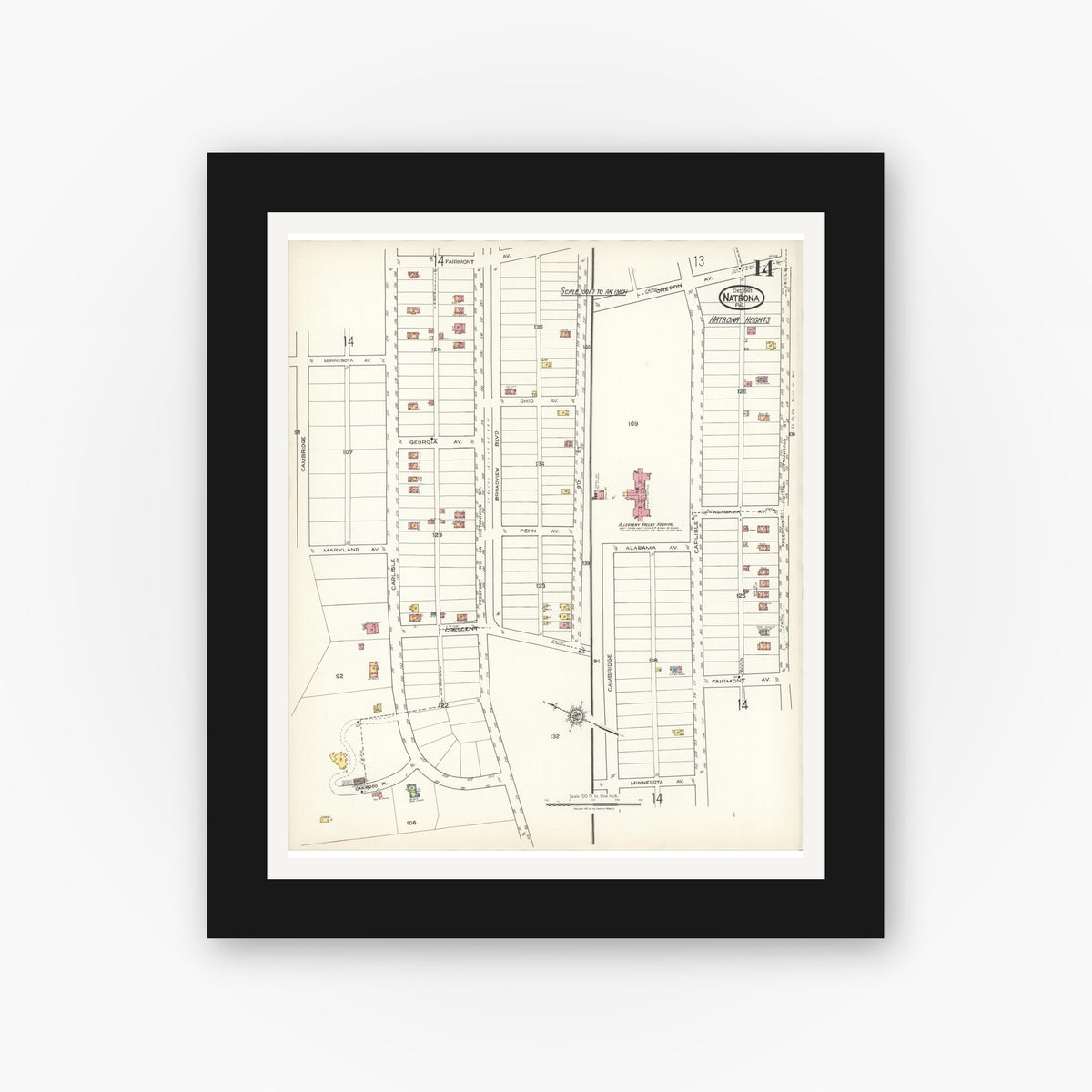 Old map wall art mockup β black gallery frame with white mat β Sanborn Fire Insurance Map from Natrona, Allegheny County, Pennsylvania (1921), Sheet #0014