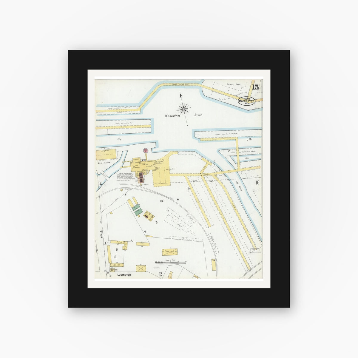 Old map wall art mockup — black gallery frame with white mat — Sanborn Fire Insurance Map from Marinette, Marinette County, Wisconsin (1901), Sheet #0015