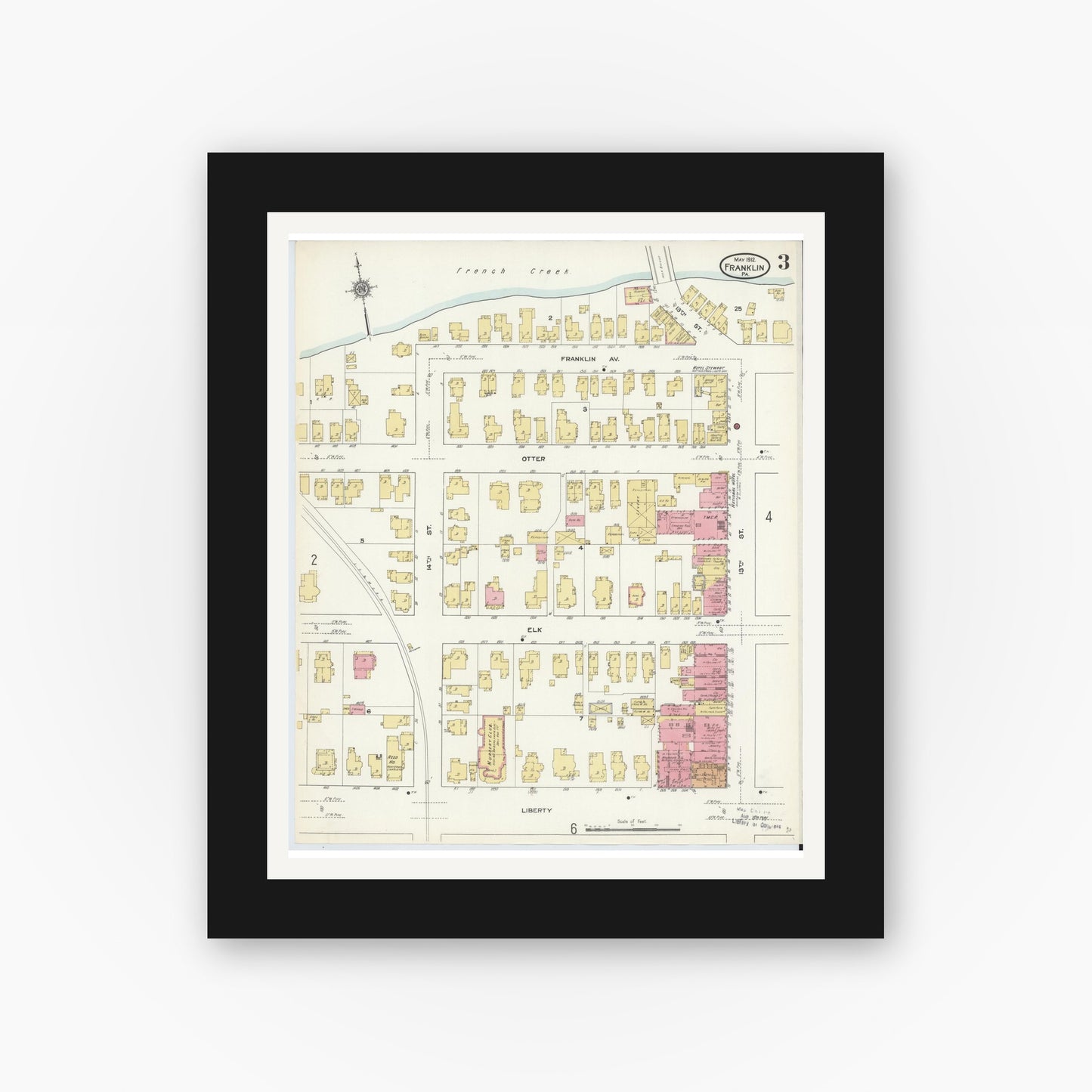 Old map wall art mockup — black gallery frame with white mat — Sanborn Fire Insurance Map from Franklin, Venango County, Pennsylvania (1912), Sheet #0003