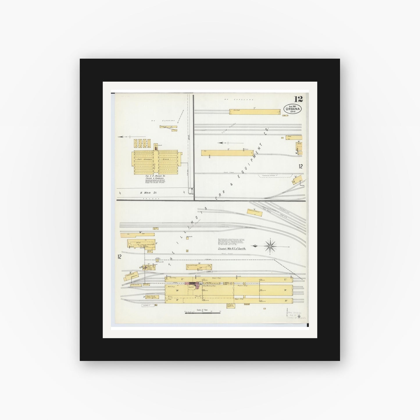Old map wall art mockup — black gallery frame with white mat — Sanborn Fire Insurance Map from Urbana, Champaign County, Ohio (1901), Sheet #0012