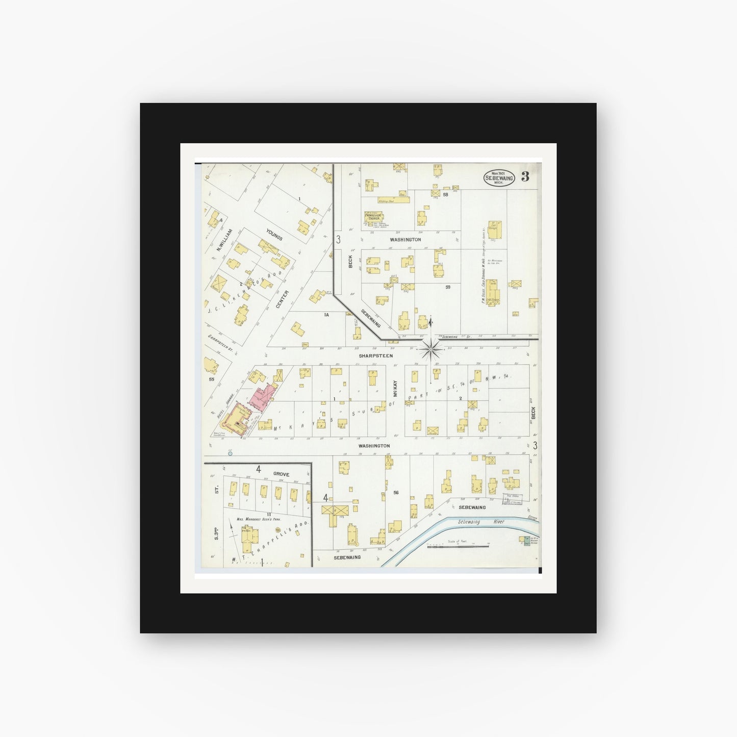 Old map wall art mockup — black gallery frame with white mat — Sanborn Fire Insurance Map from Sebewaing, Huron County, Michigan (1901), Sheet #0003