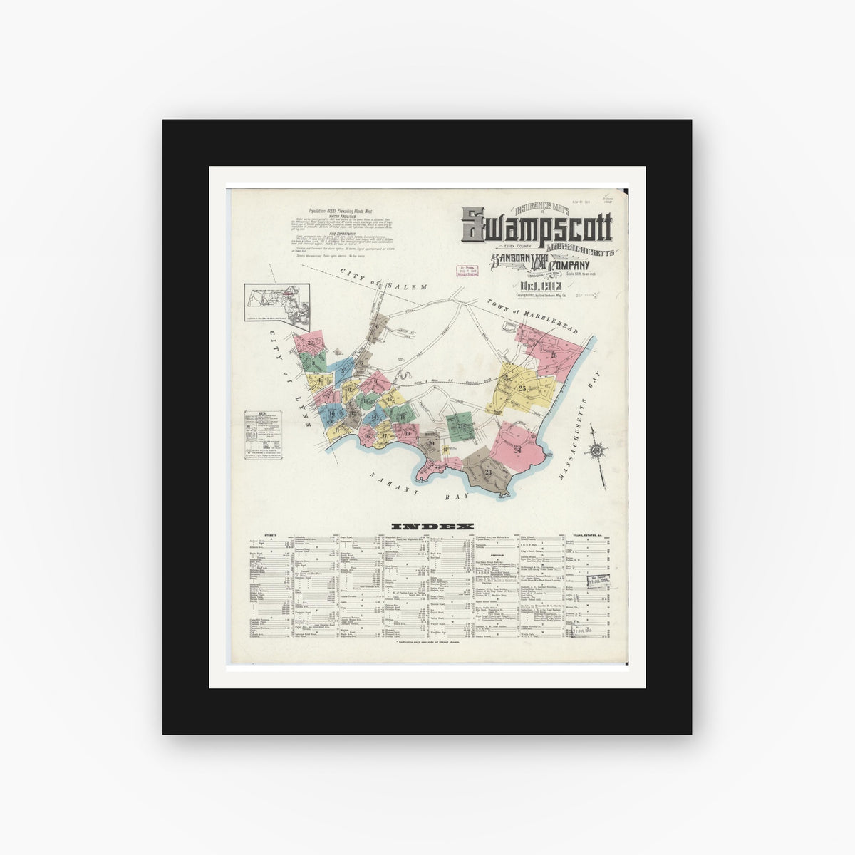 Old map wall art mockup — black gallery frame with white mat — Sanborn Fire Insurance Map from Swampscott, Essex County, Massachusetts (1913) - Complete Map Set