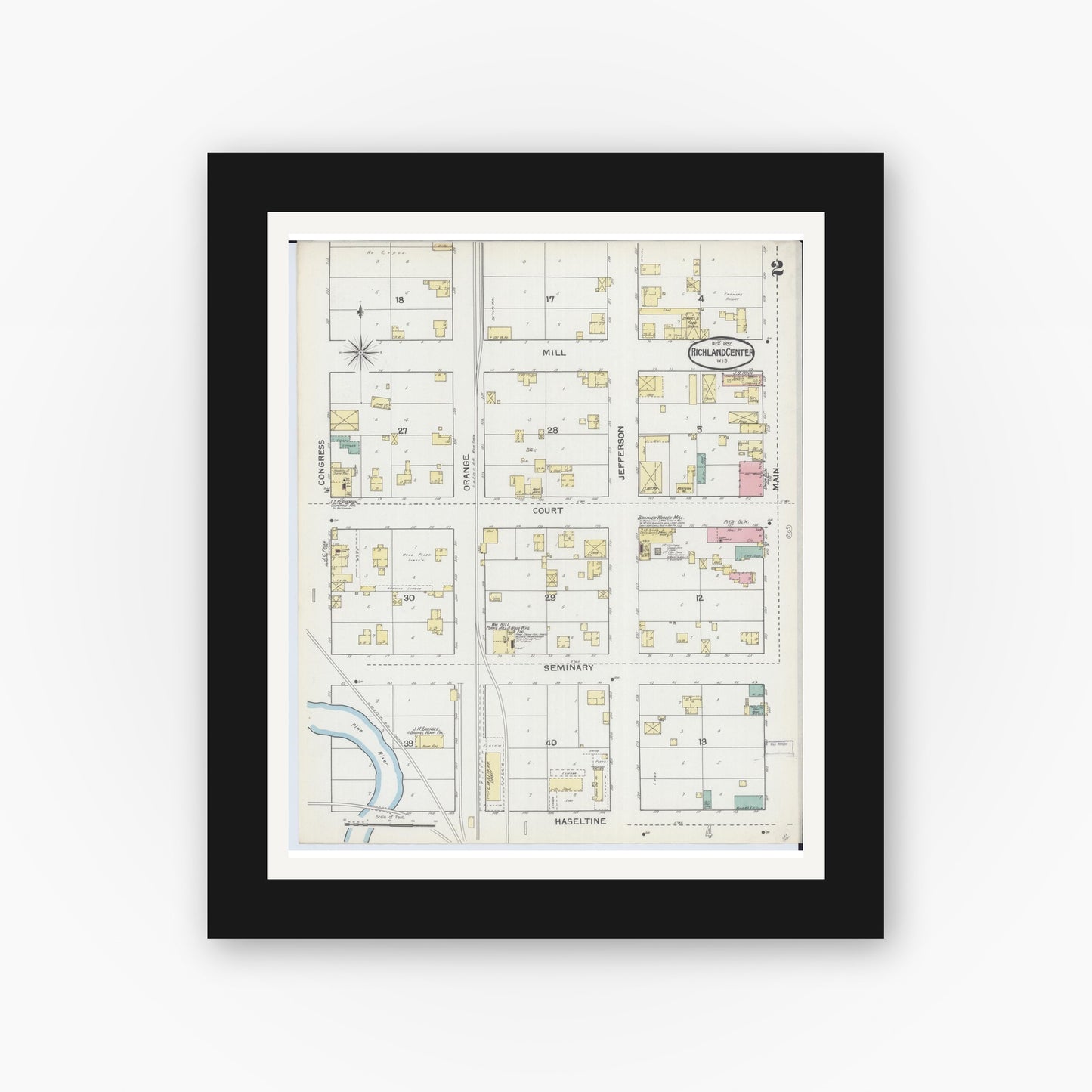 Old map wall art mockup — black gallery frame with white mat — Sanborn Fire Insurance Map from Richland Center, Richland County, Wisconsin (1892), Sheet #0002