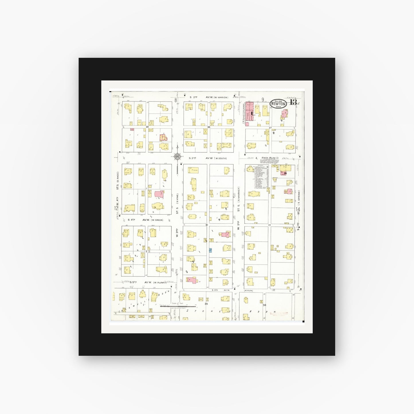 Old map wall art mockup — black gallery frame with white mat — Sanborn Fire Insurance Map from Newton, Jasper County, Iowa (1918), Sheet #0013