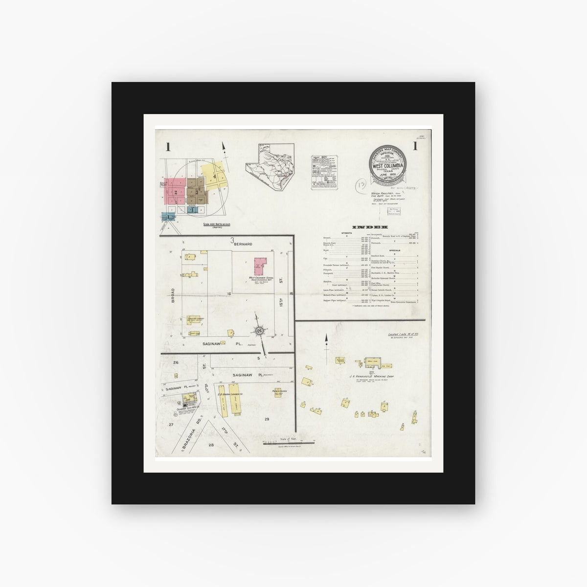 Old map wall art mockup — black gallery frame with white mat — Sanborn Fire Insurance Map from West Columbia, Brazoria County, Texas (1926) - Complete Map Set