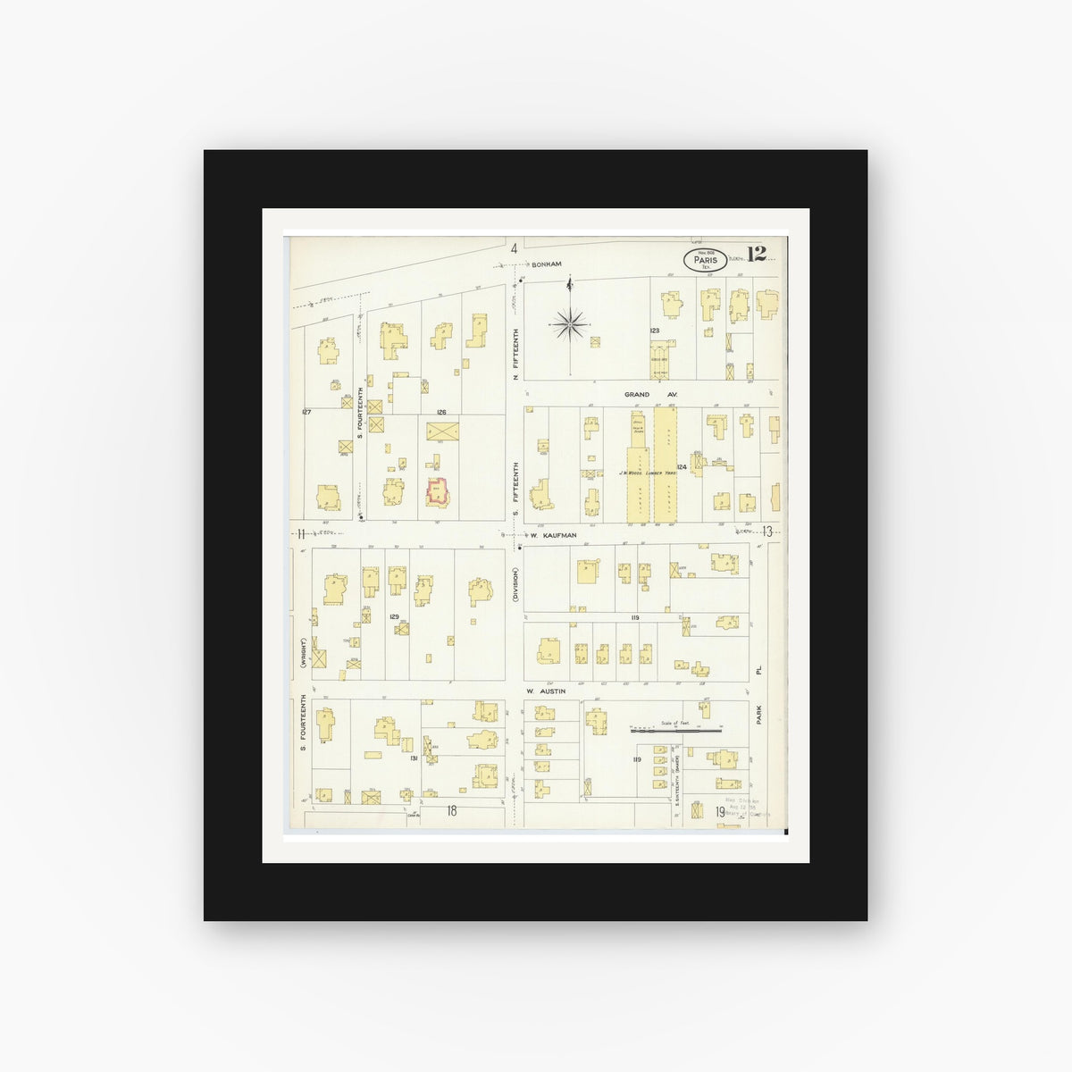 Old map wall art mockup — black gallery frame with white mat — Sanborn Fire Insurance Map from Paris, Lamar County, Texas (1908), Sheet #0012