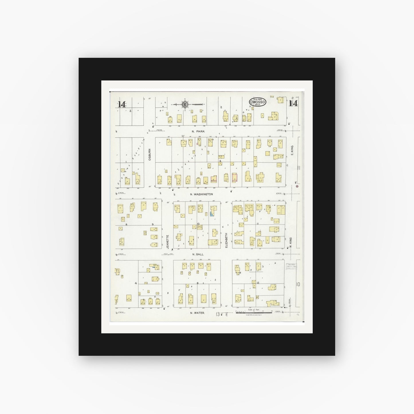 Old map wall art mockup — black gallery frame with white mat — Sanborn Fire Insurance Map from Owosso, Shiawassee County, Michigan (1924), Sheet #0014