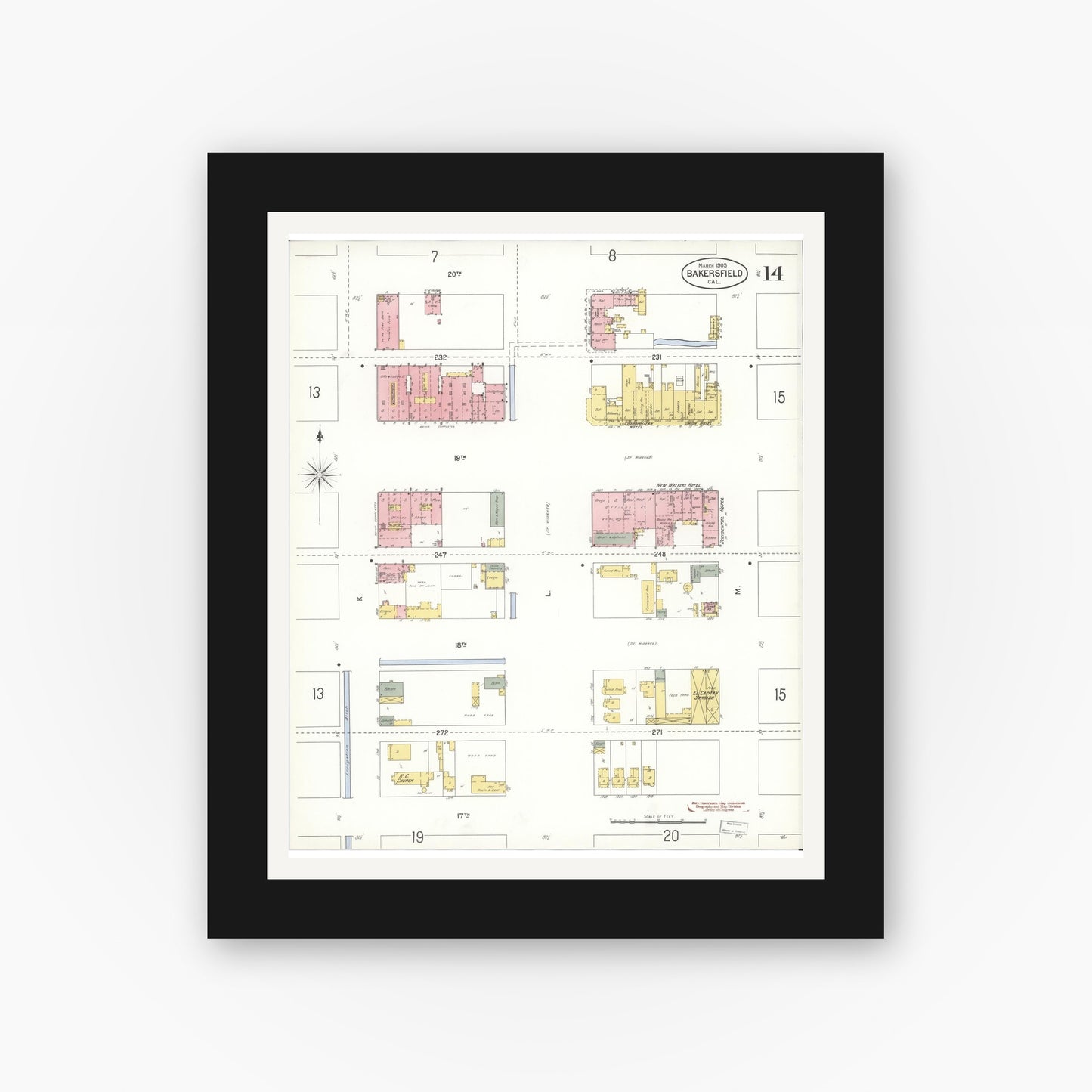 Old map wall art mockup — black gallery frame with white mat — Sanborn Fire Insurance Map from Bakersfield, Kern County, California (1905), Sheet #0014