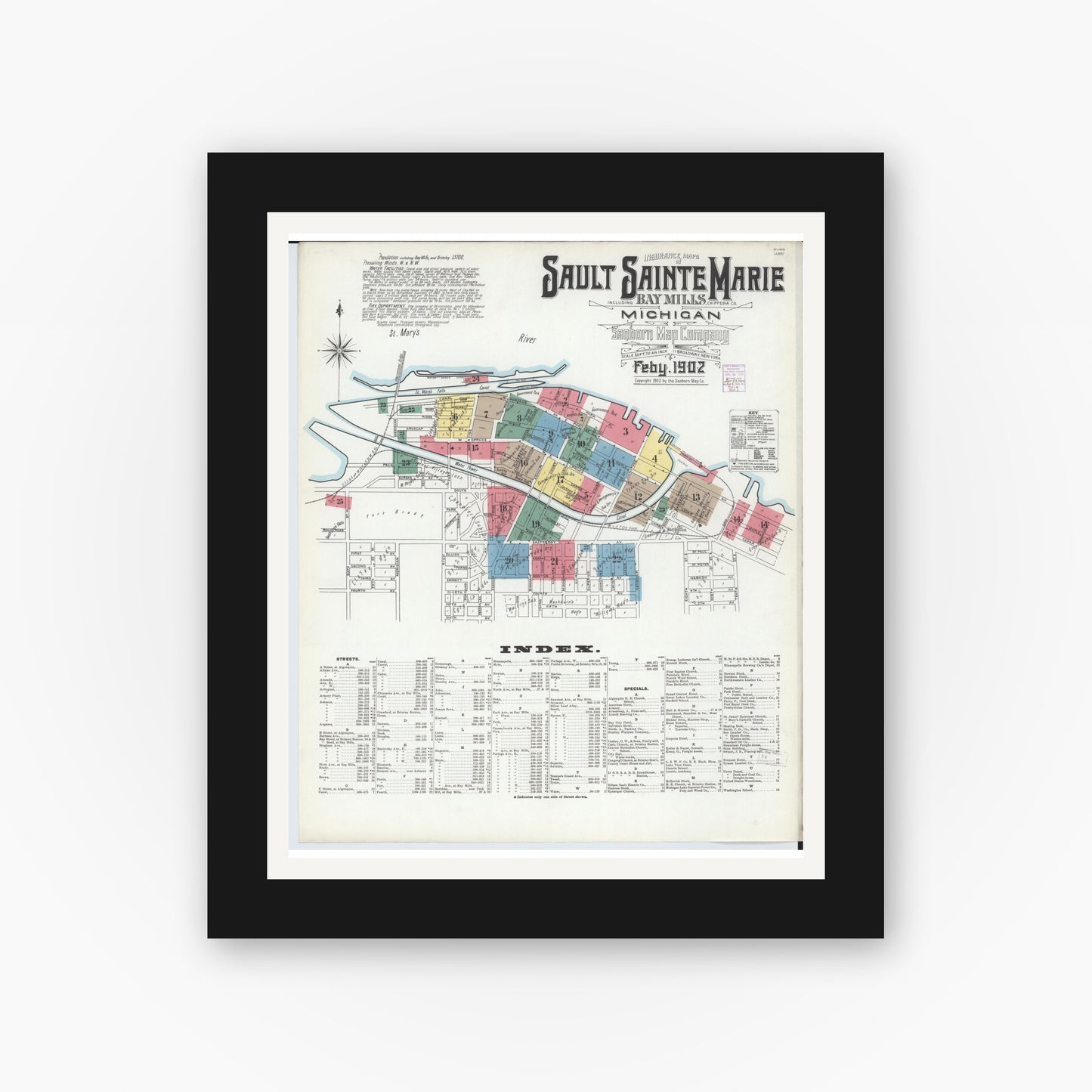 Old map wall art mockup — black gallery frame with white mat — Sanborn Fire Insurance Map from Sault Sainte Marie, Chippewa County, Michigan (1902) - Complete Map Set