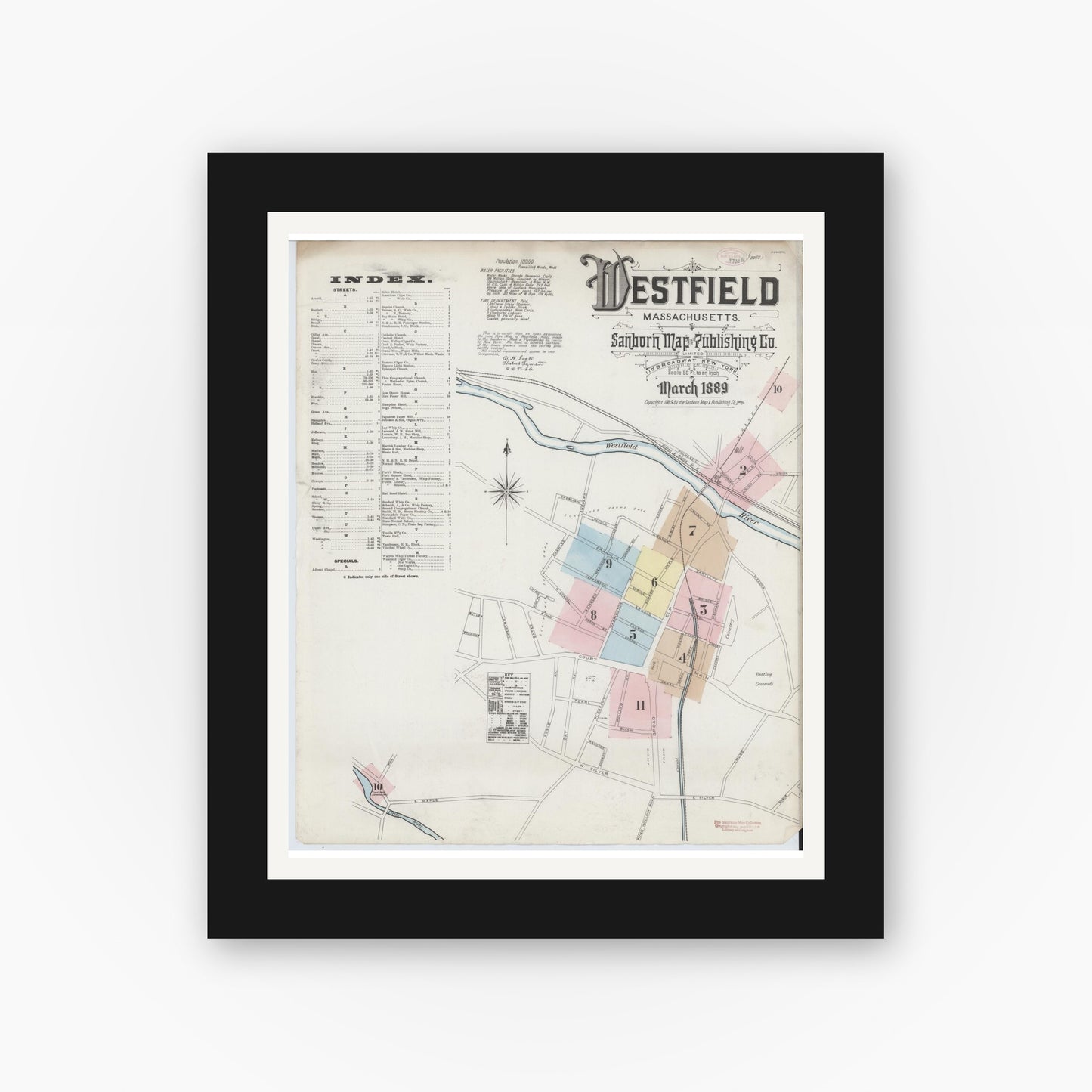 Old map wall art mockup — black gallery frame with white mat — Sanborn Fire Insurance Map from Westfield, Hampden County, Massachusetts (1889) - Complete Map Set