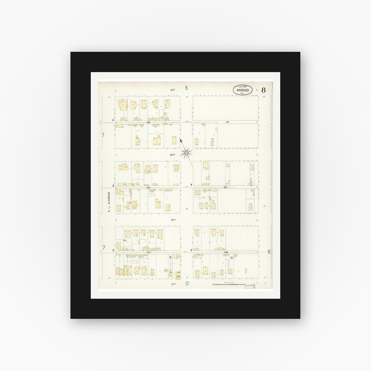 Old map wall art mockup — black gallery frame with white mat — Sanborn Fire Insurance Map from Merced, Merced County, California (1898), Sheet #0008