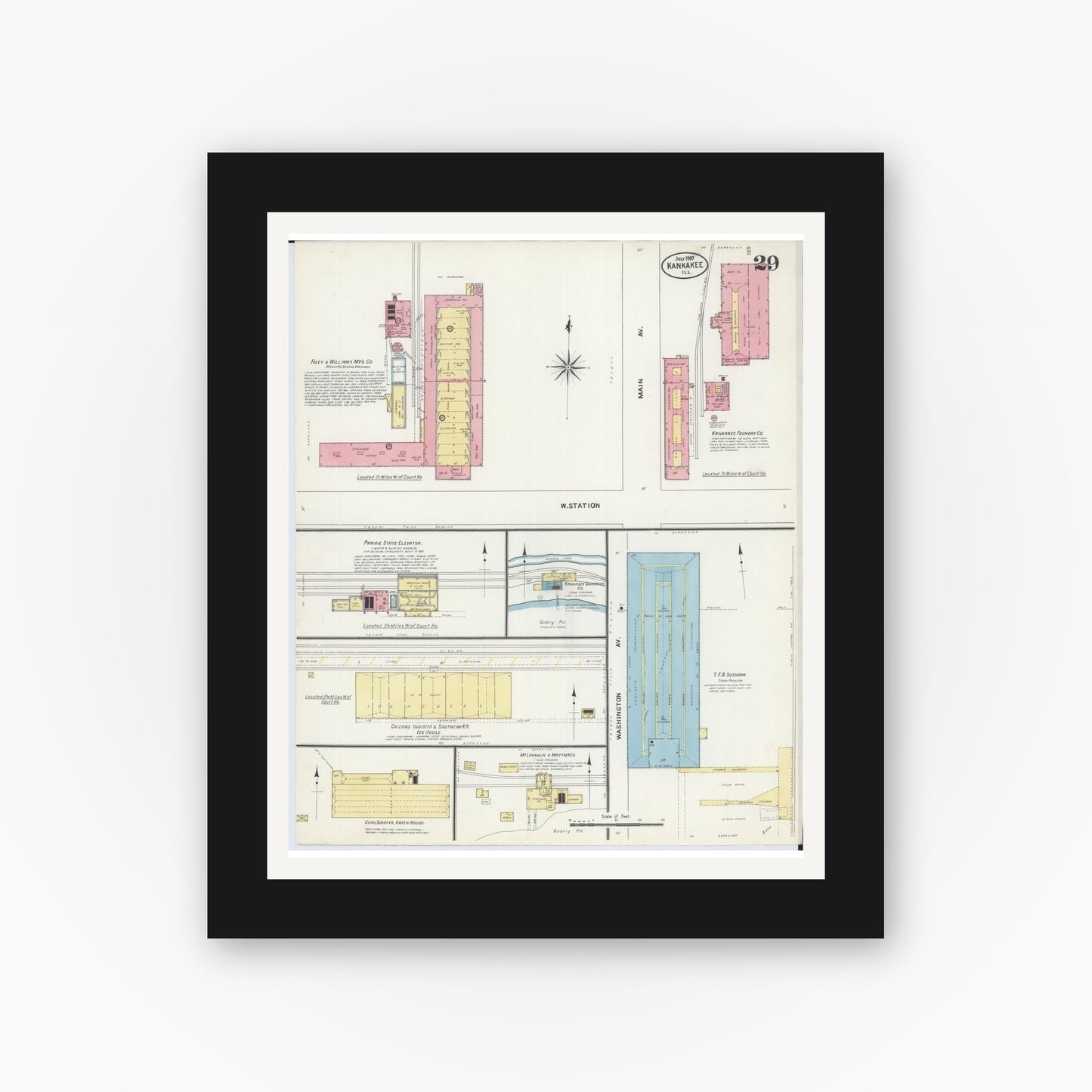 Old map wall art mockup — black gallery frame with white mat — Sanborn Fire Insurance Map from Kankakee, Kankakee County, Illinois (1907), Sheet #0029