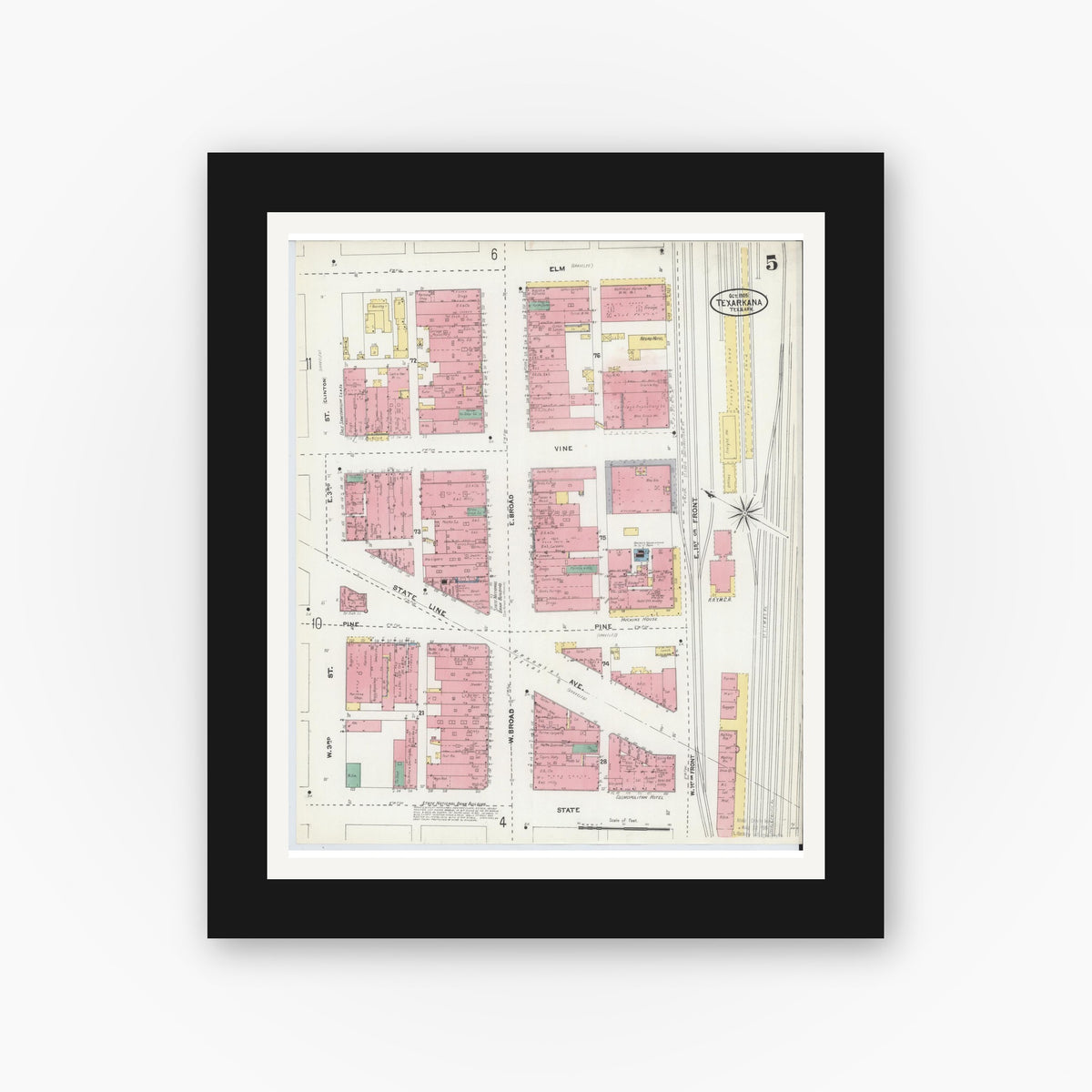 Old map wall art mockup — black gallery frame with white mat — Sanborn Fire Insurance Map from Texarkana, Bowie County, Texas (1905), Sheet #0005