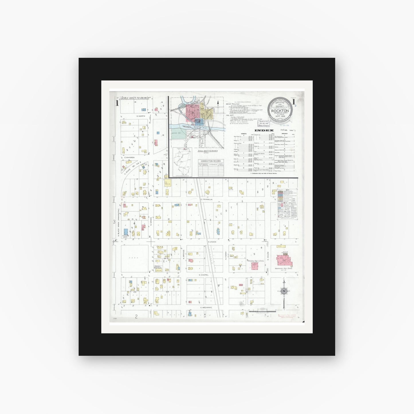 Old map wall art mockup — black gallery frame with white mat — Sanborn Fire Insurance Map from Rockton, Winnebago County, Illinois (1939) - Complete Map Set