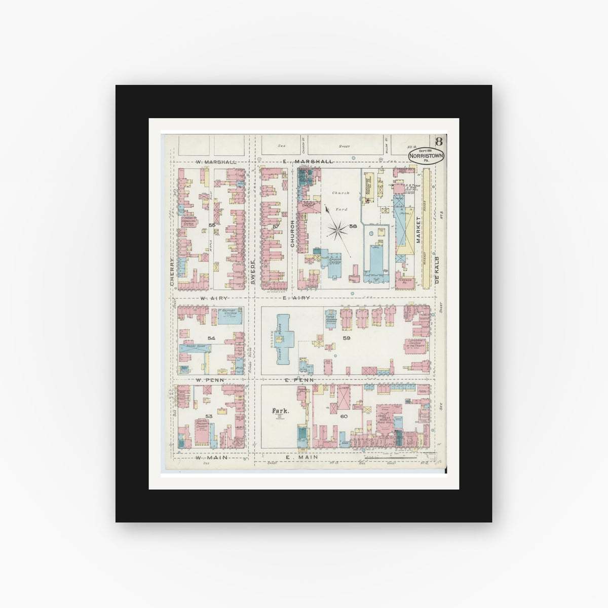 Old map wall art mockup — black gallery frame with white mat — Sanborn Fire Insurance Map from Norristown, Montgomery County, Pennsylvania (1891), Sheet #0008