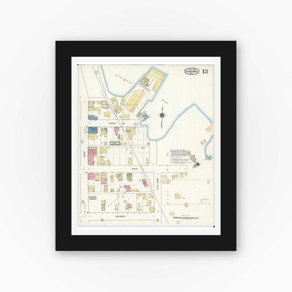 Old map wall art mockup — black gallery frame with white mat — Sanborn Fire Insurance Map from Sturgeon Bay, Door County, Wisconsin (1919), Sheet #0013