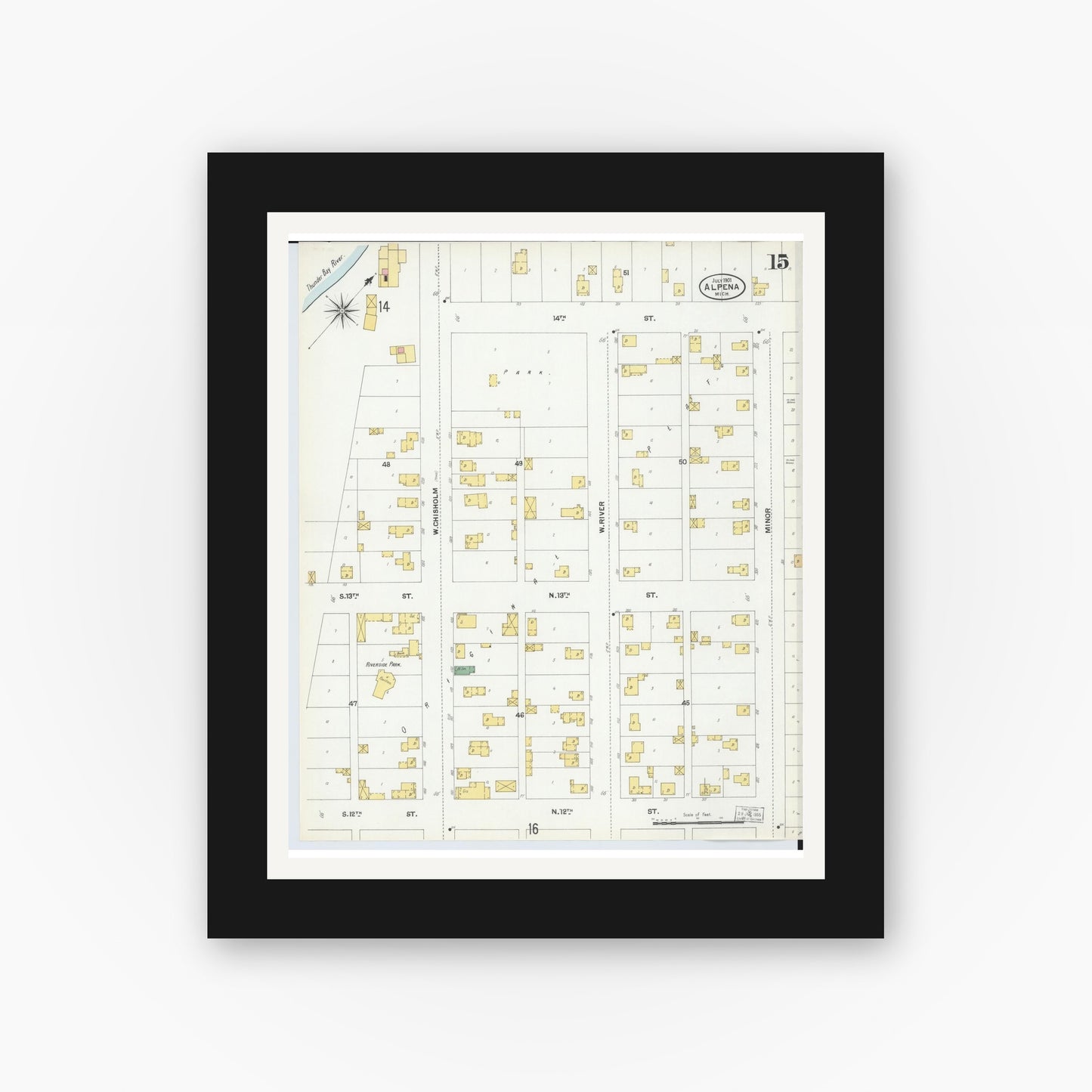Old map wall art mockup — black gallery frame with white mat — Sanborn Fire Insurance Map from Alpena, Alpena County, Michigan (1901), Sheet #0015
