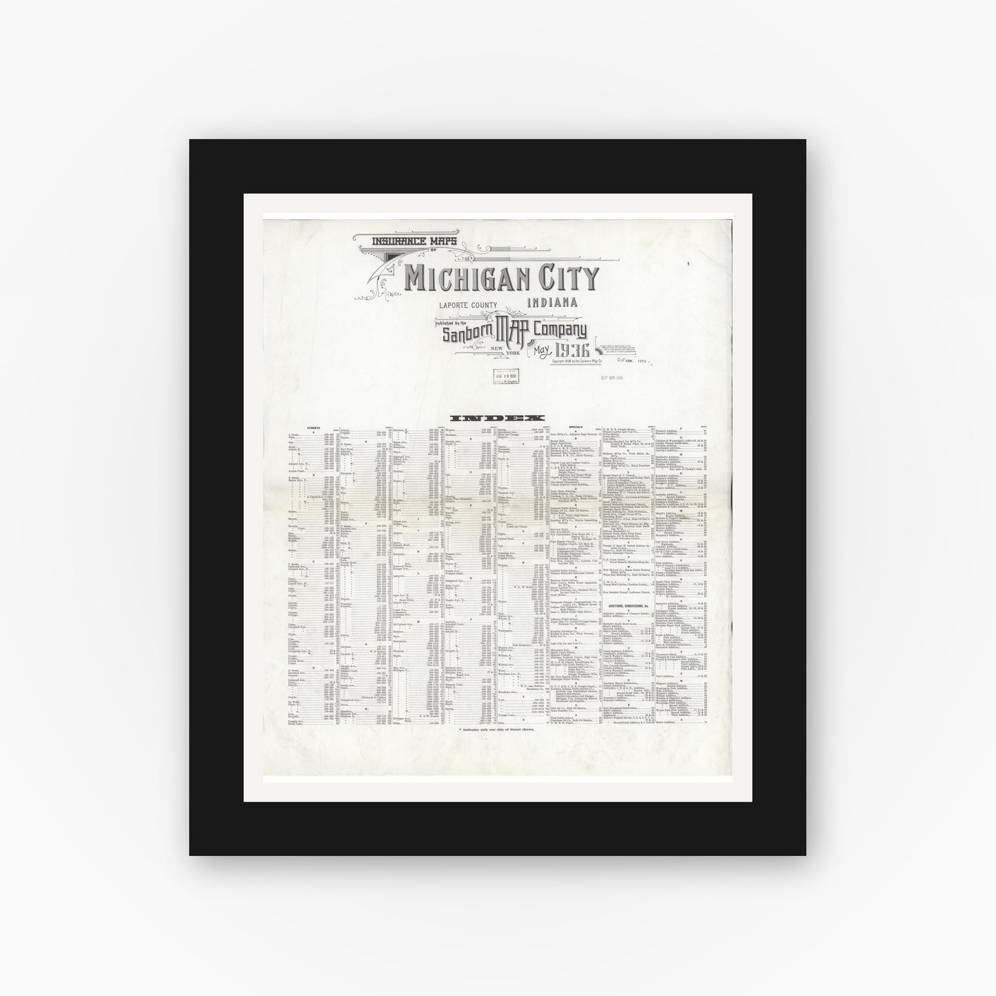 Old map wall art mockup — black gallery frame with white mat — Sanborn Fire Insurance Map from Michigan City, La Porte County, Indiana (1936), Sheet #0001