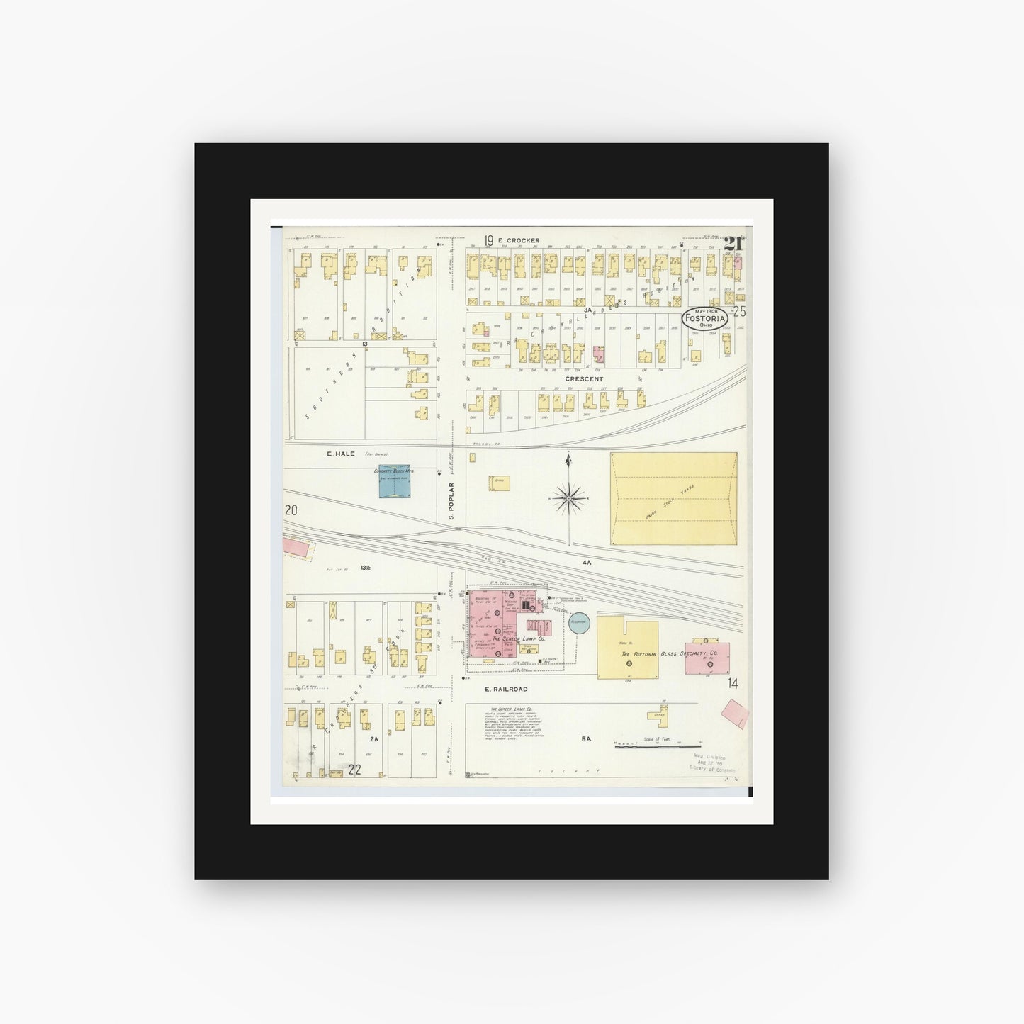 Old map wall art mockup — black gallery frame with white mat — Sanborn Fire Insurance Map from Fostoria, Seneca, Hancock, And Wood Counties, Ohio (1908), Sheet #0021