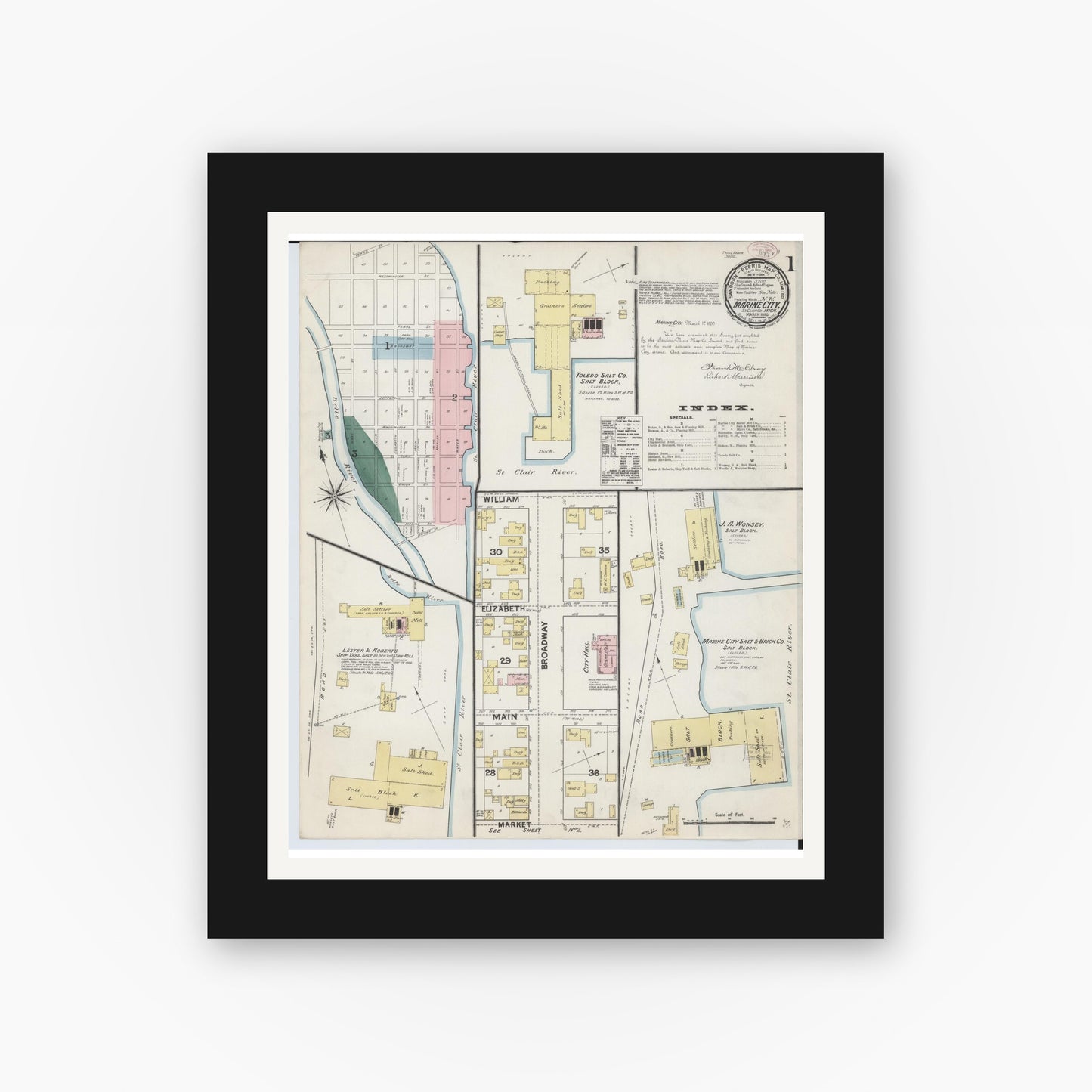 Old map wall art mockup — black gallery frame with white mat — Sanborn Fire Insurance Map from Marine City, Saint Clair County, Michigan (1890) - Complete Map Set