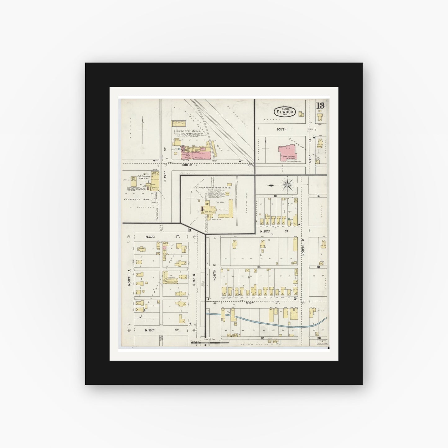 Old map wall art mockup — black gallery frame with white mat — Sanborn Fire Insurance Map from Elwood, Madison County, Indiana (1895), Sheet #0013