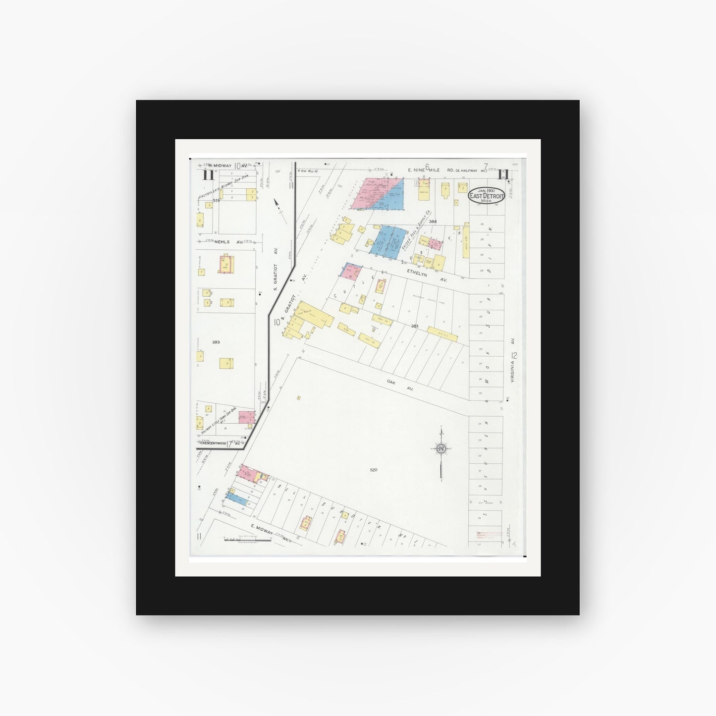 Old map wall art mockup — black gallery frame with white mat — Sanborn Fire Insurance Map from East Detroit, Macomb County, Michigan (1931), Sheet #0011