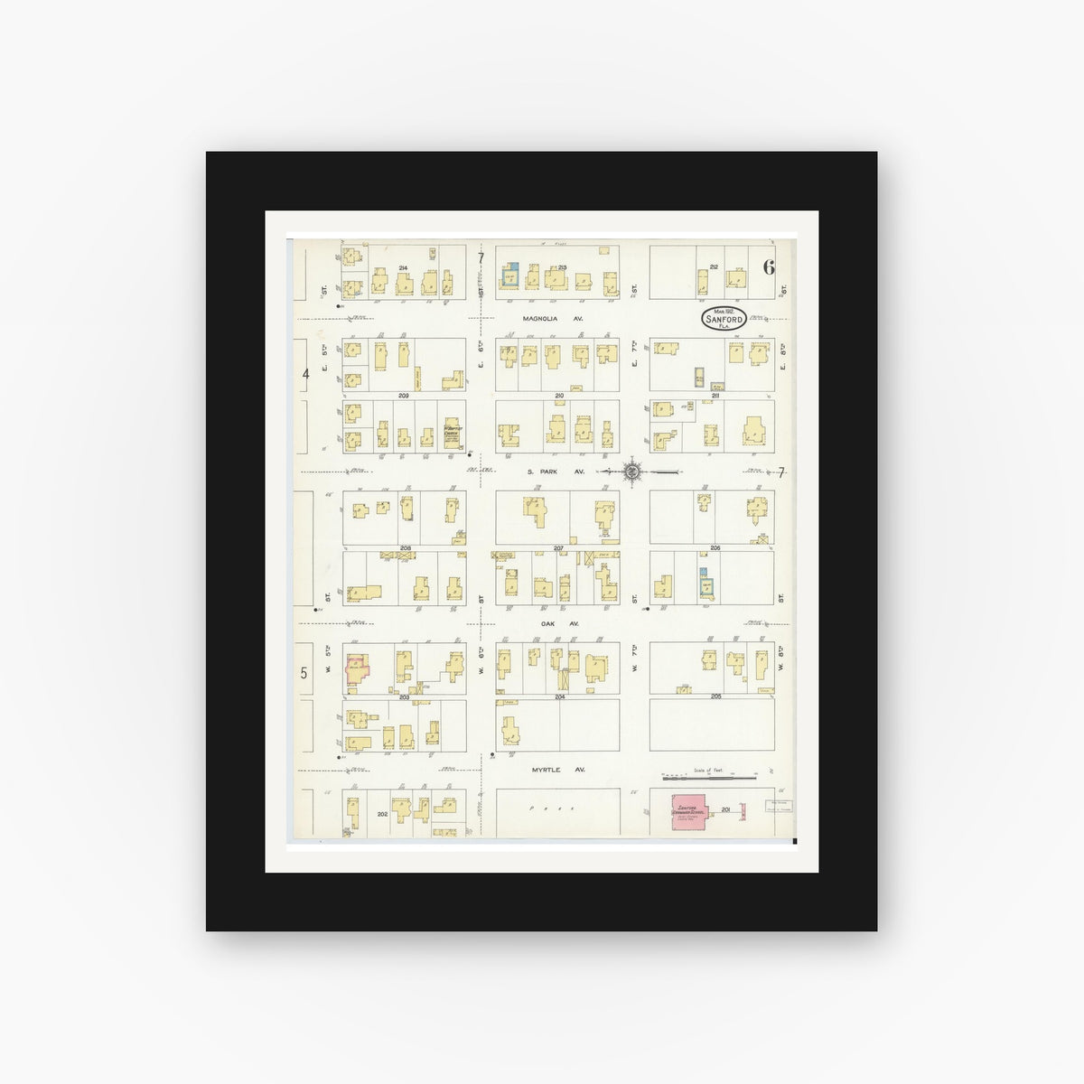 Old map wall art mockup — black gallery frame with white mat — Sanborn Fire Insurance Map from Sanford, Seminole County, Florida (1912), Sheet #0006