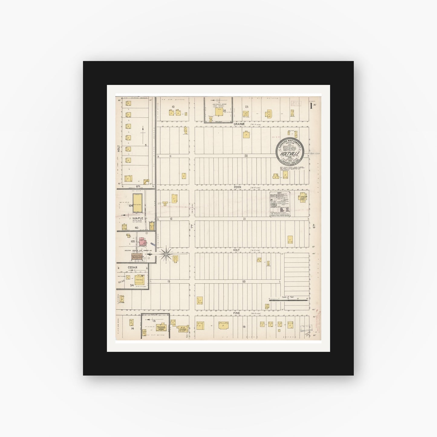 Old map wall art mockup — black gallery frame with white mat — Sanborn Fire Insurance Map from Holtville, Imperial County, California (1910) - Complete Map Set