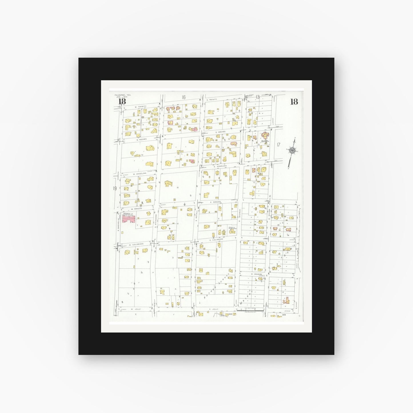 Old map wall art mockup — black gallery frame with white mat — Sanborn Fire Insurance Map from Palestine, Anderson County, Texas (1935), Sheet #0018