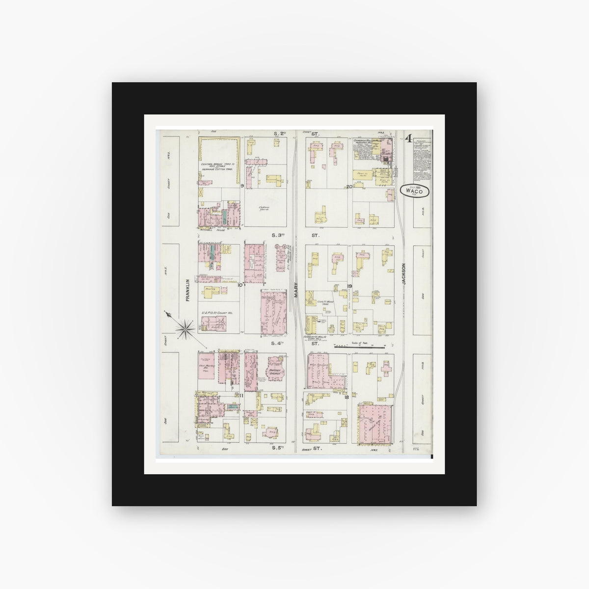 Old map wall art mockup — black gallery frame with white mat — Sanborn Fire Insurance Map from Waco, McLennan County, Texas (1889), Sheet #0004