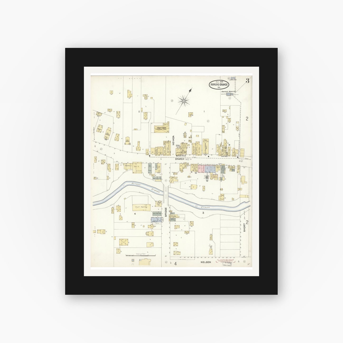 Old map wall art mockup — black gallery frame with white mat — Sanborn Fire Insurance Map from Arroyo Grande, San Luis Obispo County, California (1903), Sheet #0003
