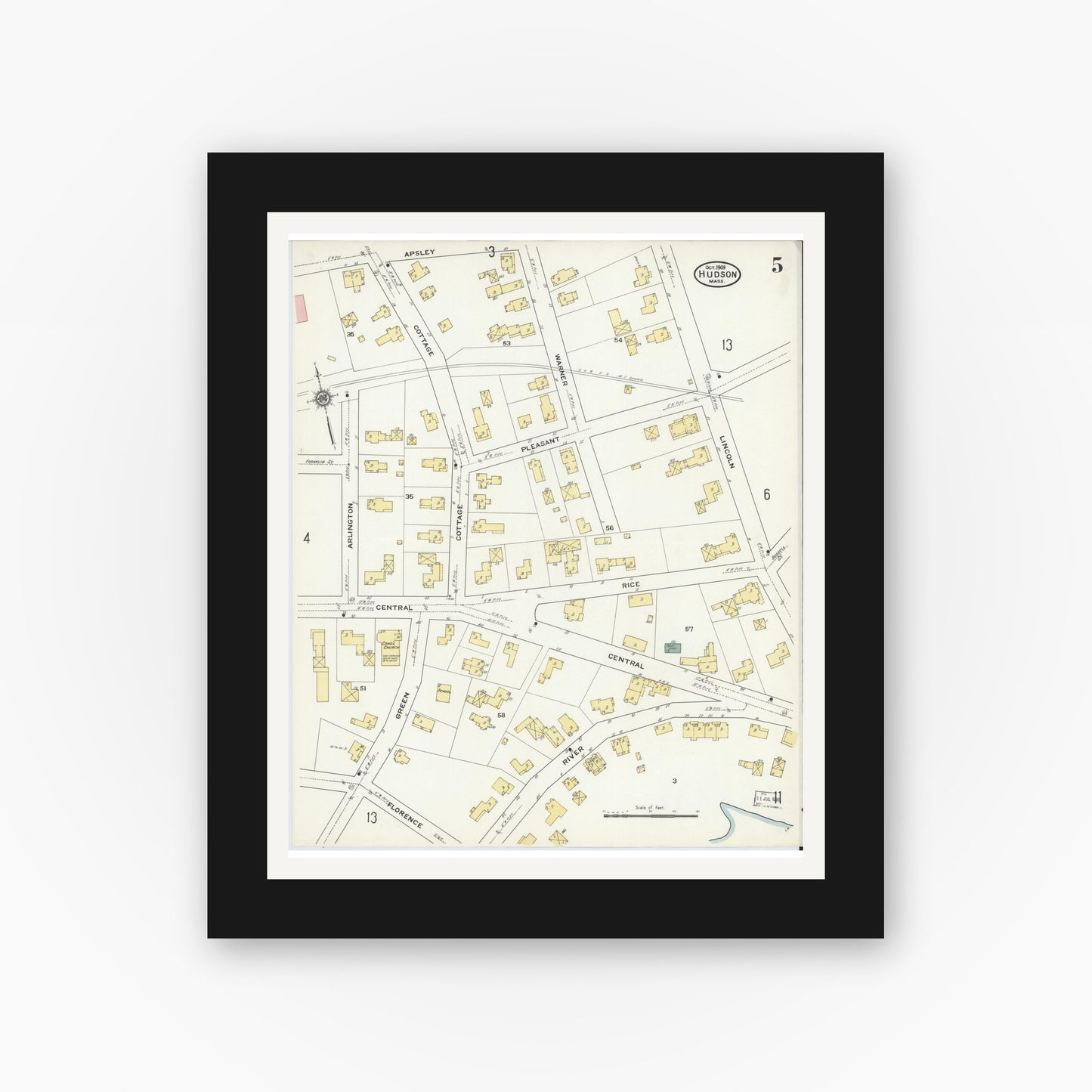 Old map wall art mockup — black gallery frame with white mat — Sanborn Fire Insurance Map from Hudson, Middlesex County, Massachusetts (1909), Sheet #0005