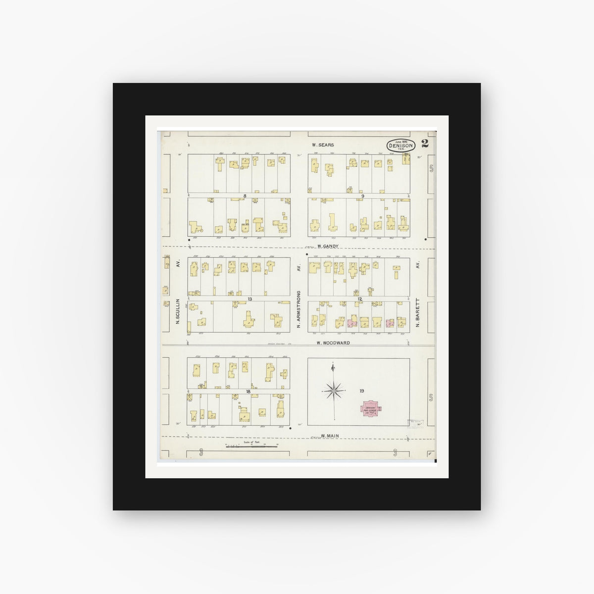 Old map wall art mockup — black gallery frame with white mat — Sanborn Fire Insurance Map from Denison, Grayson County, Texas (1892), Sheet #0002
