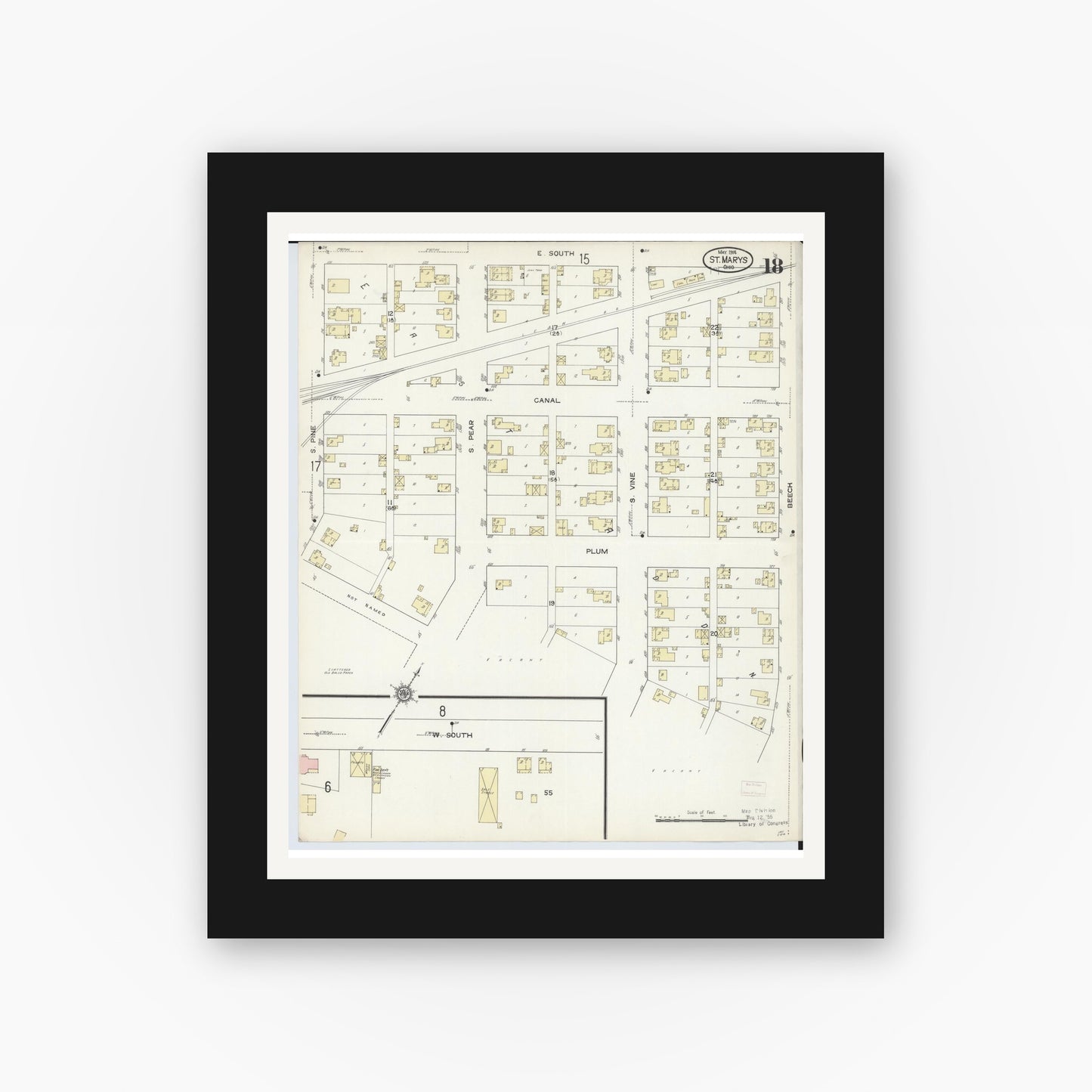 Old map wall art mockup — black gallery frame with white mat — Sanborn Fire Insurance Map from Saint Marys, Auglaize County, Ohio (1914), Sheet #0018