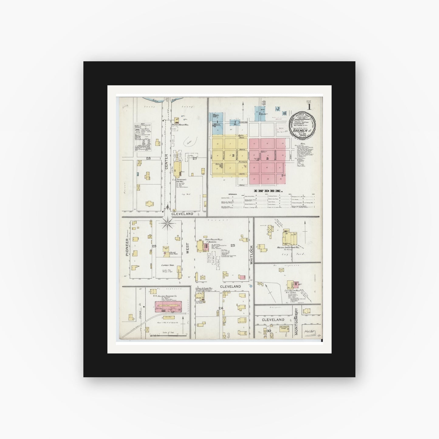 Old map wall art mockup — black gallery frame with white mat — Sanborn Fire Insurance Map from Bremen, Marshall County, Indiana (1892) - Complete Map Set