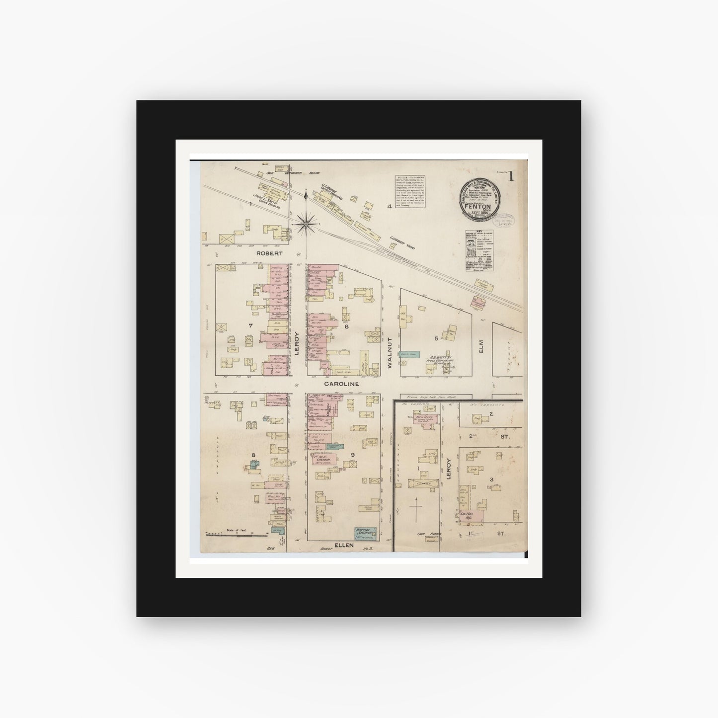 Old map wall art mockup — black gallery frame with white mat — Sanborn Fire Insurance Map from Fenton, Genesee County, Michigan (1884) - Complete Map Set
