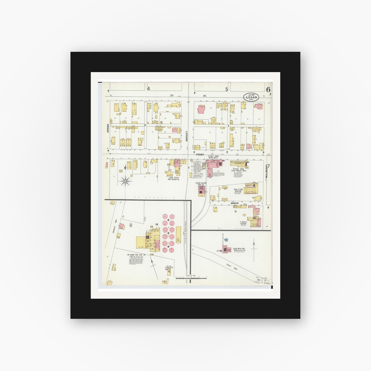 Old map wall art mockup — black gallery frame with white mat — Sanborn Fire Insurance Map from Logan, Hocking County, Ohio (1900), Sheet #0006