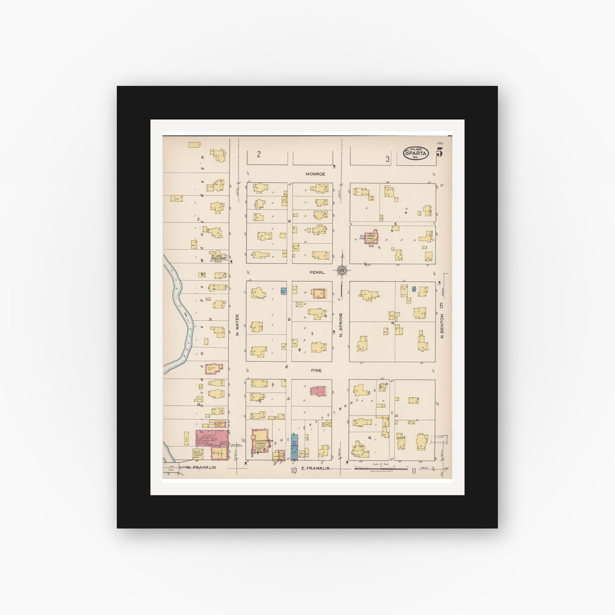 Old map wall art mockup — black gallery frame with white mat — Sanborn Fire Insurance Map from Sparta, Monroe County, Wisconsin (1922), Sheet #0005