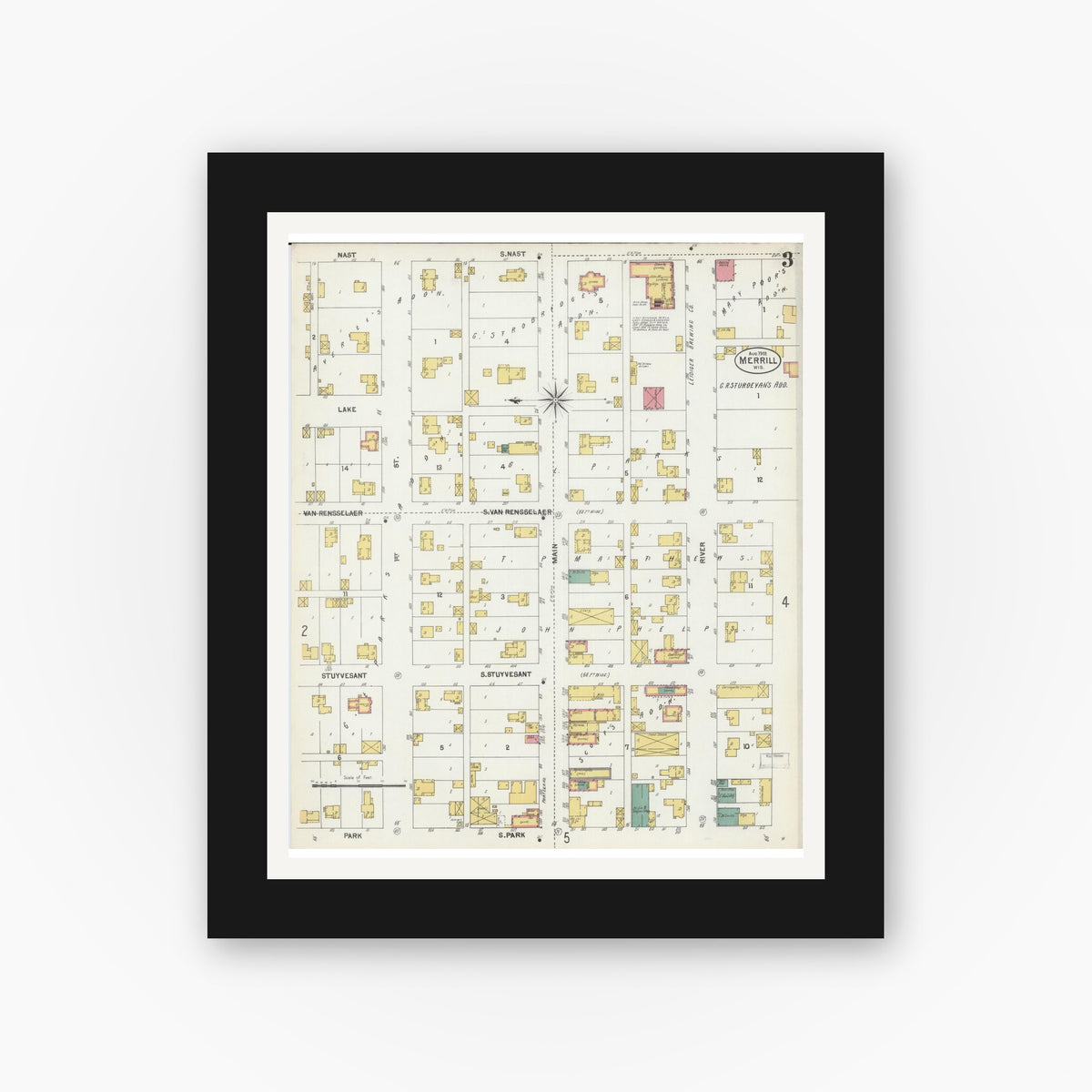 Old map wall art mockup — black gallery frame with white mat — Sanborn Fire Insurance Map from Merrill, Lincoln County, Wisconsin (1902), Sheet #0003