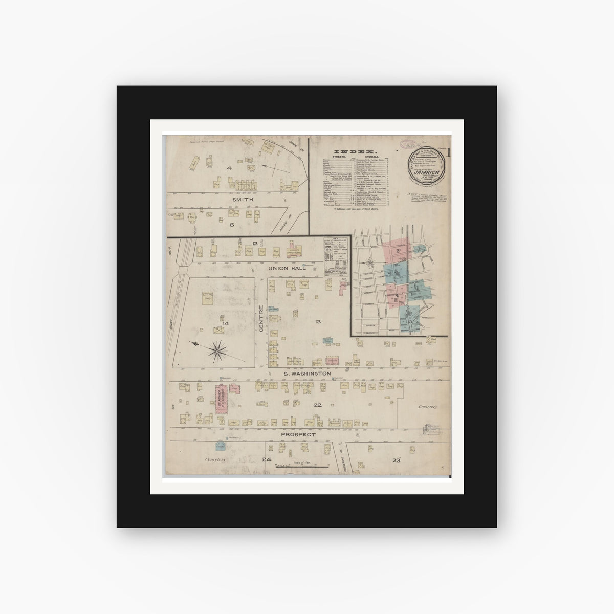 Old map wall art mockup — black gallery frame with white mat — Sanborn Fire Insurance Map from Jamaica, Queens County, New York (1886) - Complete Map Set