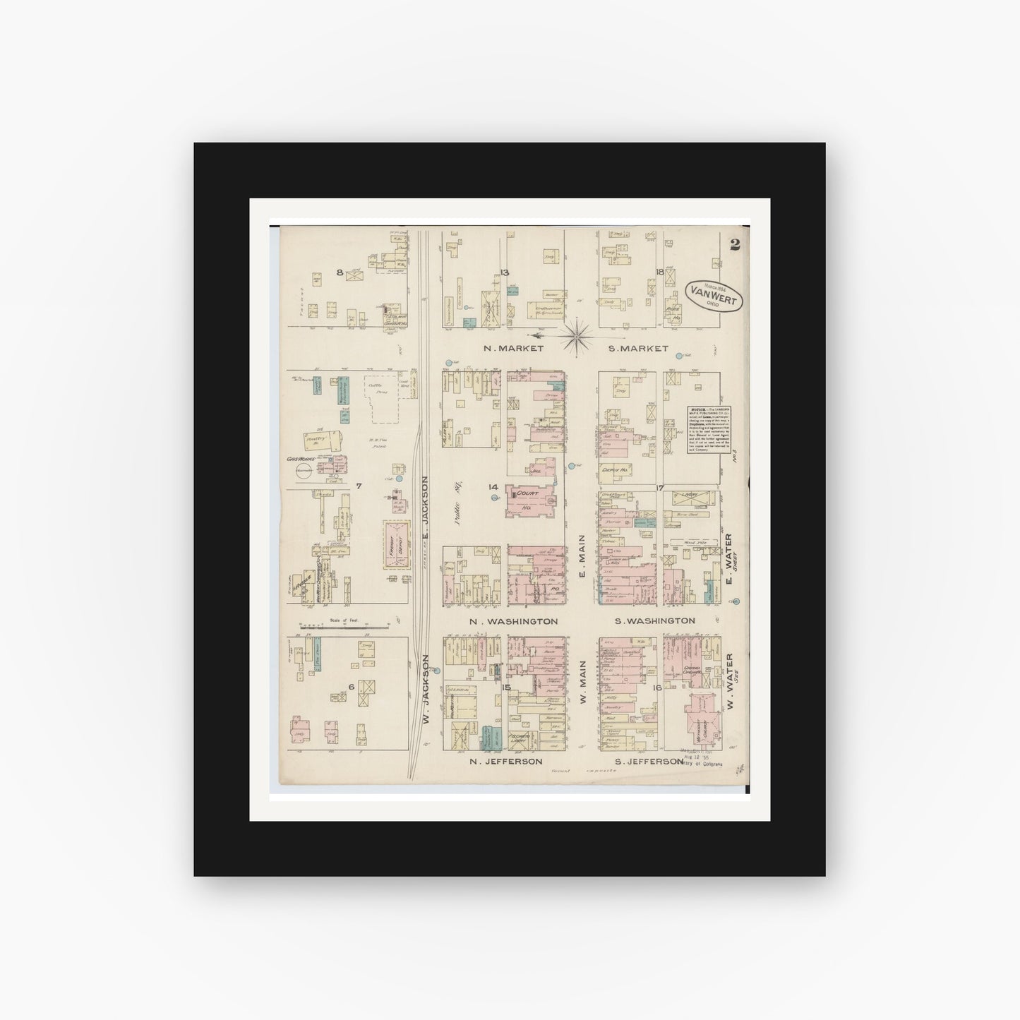 Old map wall art mockup — black gallery frame with white mat — Sanborn Fire Insurance Map from Van Wert, Van Wert County, Ohio (1884), Sheet #0002